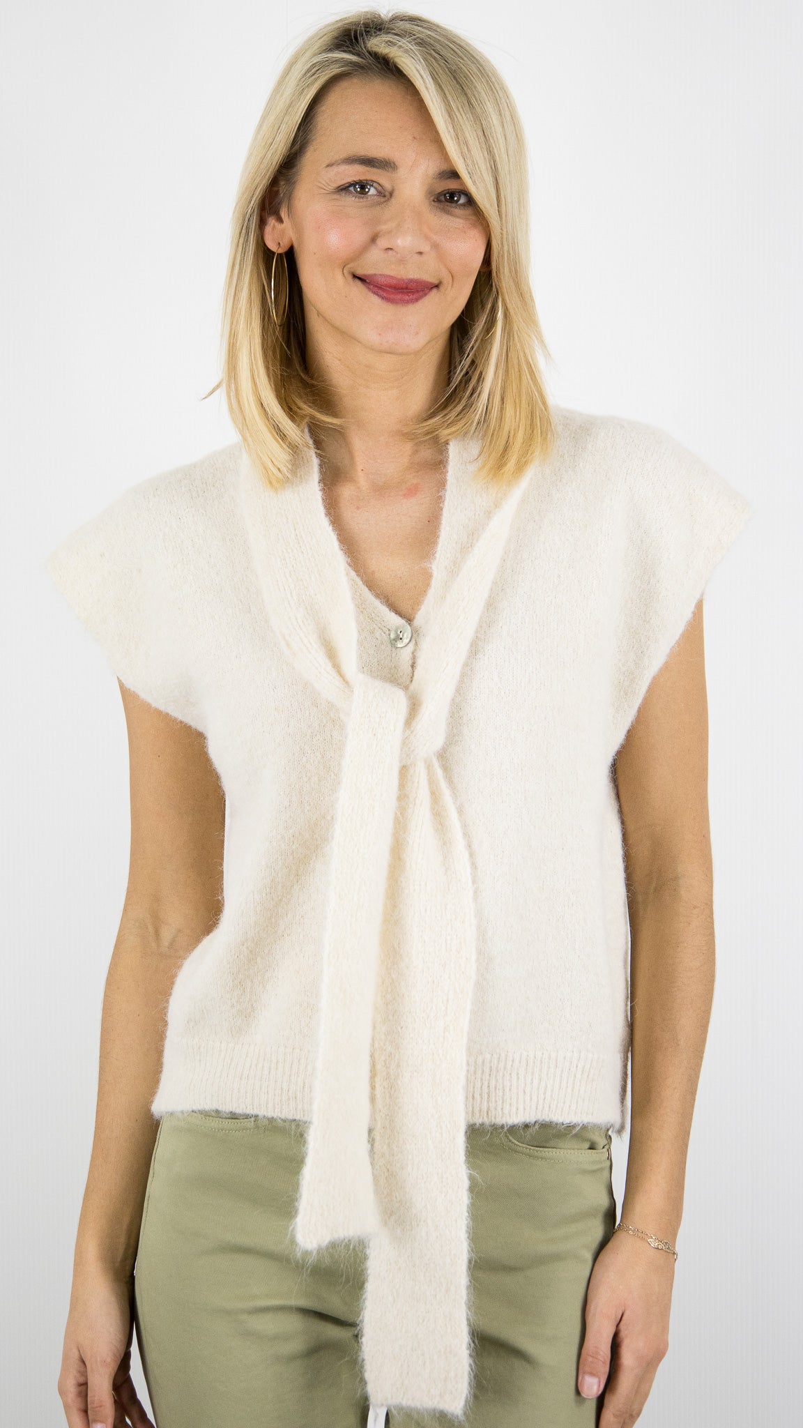 GILET COL A NOUER EN LAINE MANCHES COURTES POUR FEMME LUK AP 8272#COLOR_BEIGE