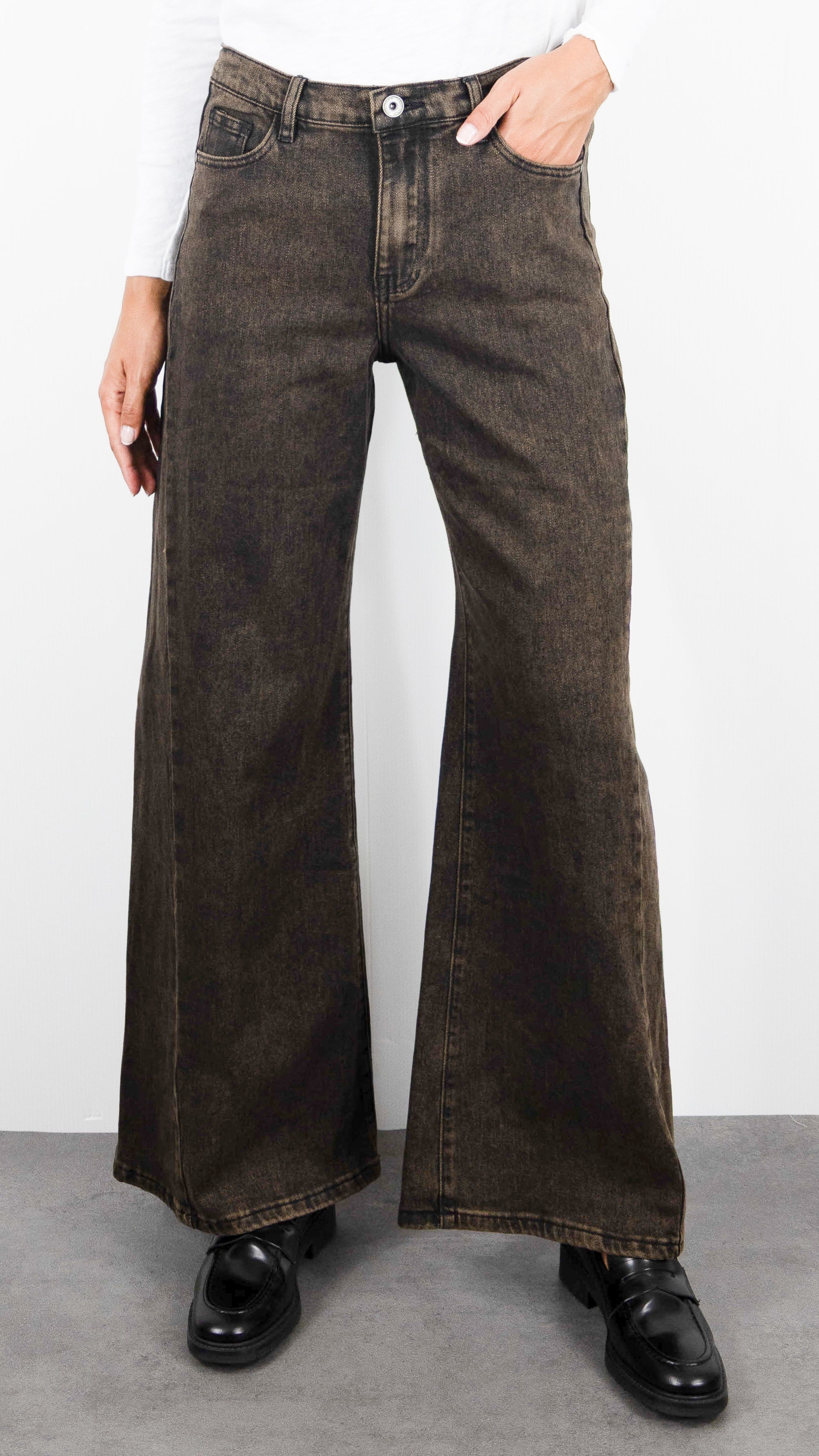 JEANS LARGE EN COTON COUTURES DELAVE MARRON POUR FEMME STUDIO PARISIEN 9388
