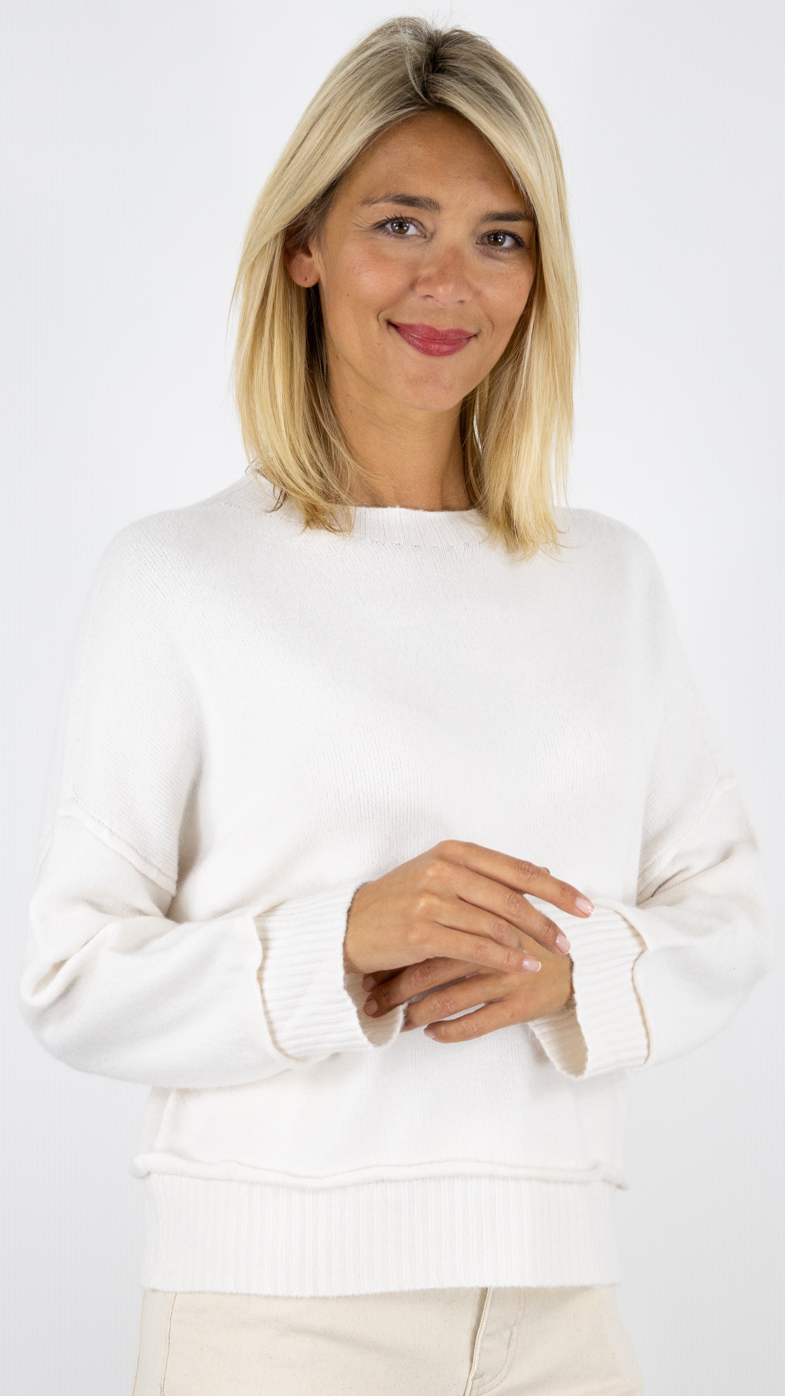 PULL COURT COL ROND FEMME ALEXANDRE LAURENT A8978#COLOR_ECRU
