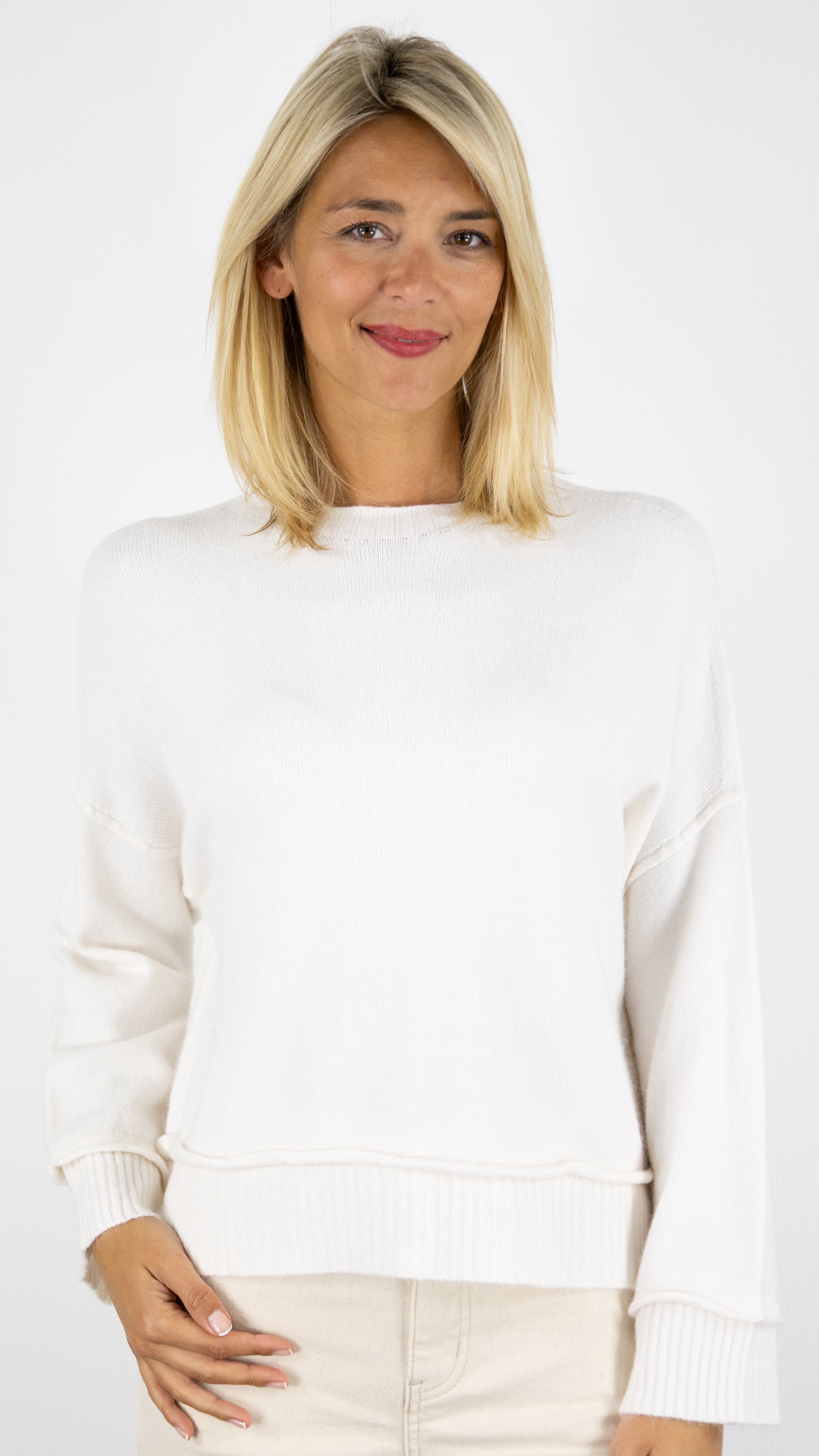 PULL COURT COL ROND FEMME ALEXANDRE LAURENT A8978#COLOR_ECRU