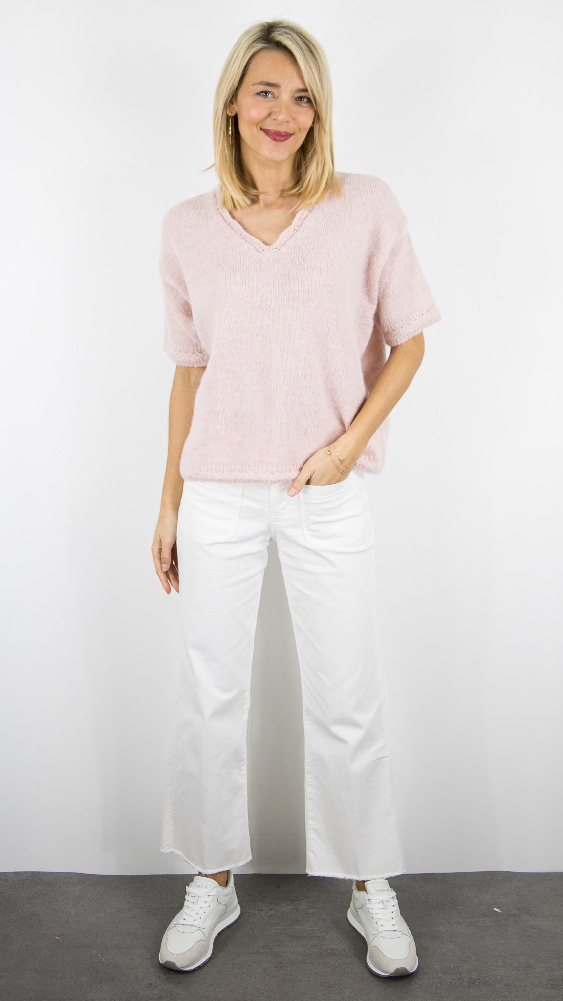 PULL COL V AJOURE EN DENTELLE STUDIO PARISIEN AI25185#COLOR_ROSE