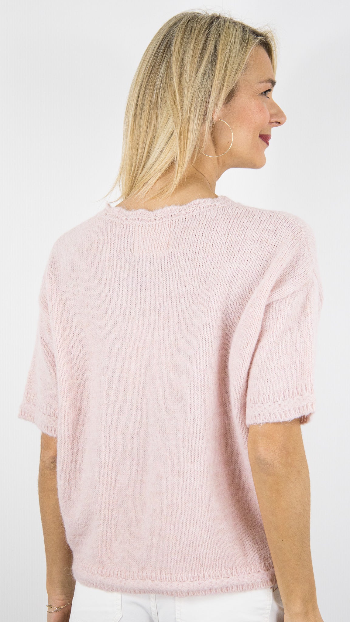 PULL COL V AJOURE EN DENTELLE STUDIO PARISIEN AI25185#COLOR_ROSE