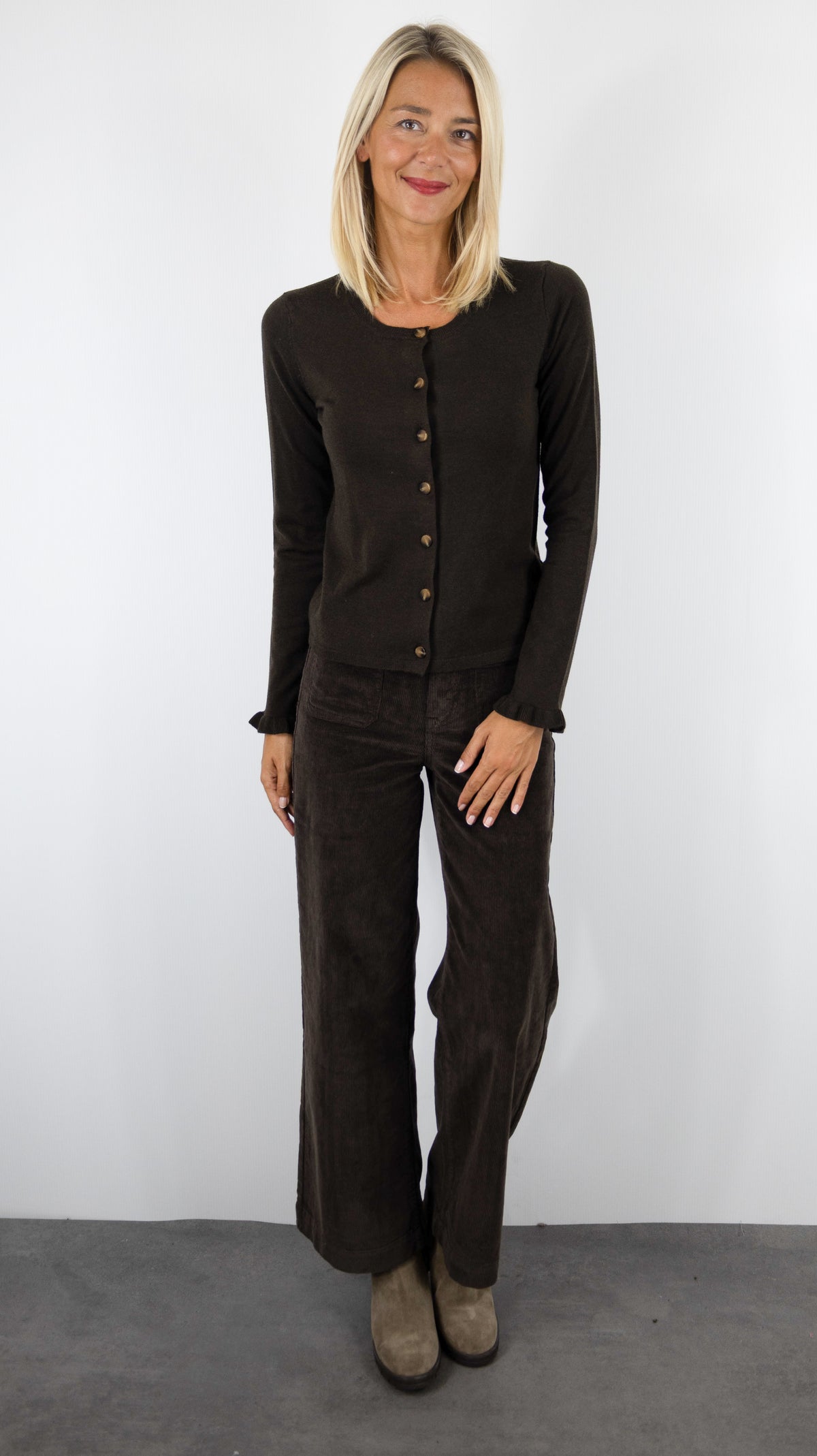 GILET A BOUTONS POIGNETS VOLANTES POUR FEMME LA PETITE ETOILE MONET#COLOR_16/MARRON