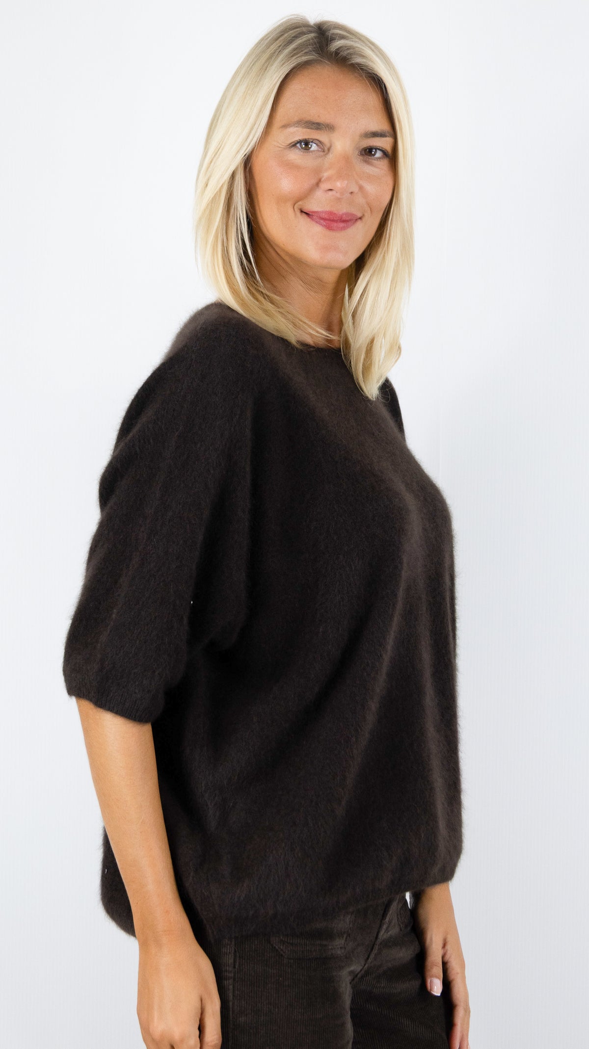 PULL AMPLE COL ROND MANCHES COURTES EN RACCOON POUR FEMME ESTHEME JF4W059R-1#COLOR_1854/AMERICANO CHOCO