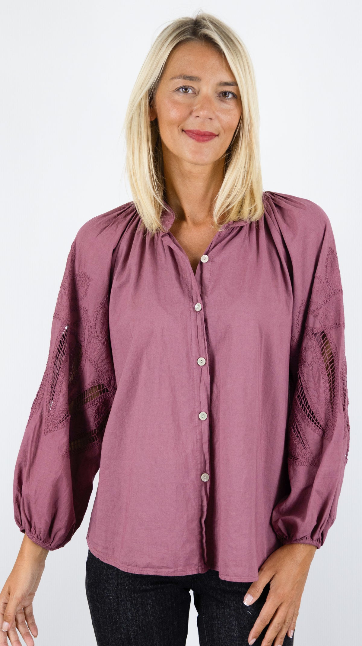 BLOUSE EVASEE BRODEE AJOUREE EN COTON ANDROMEDE 829753#COLOR_TERRACOTTA
