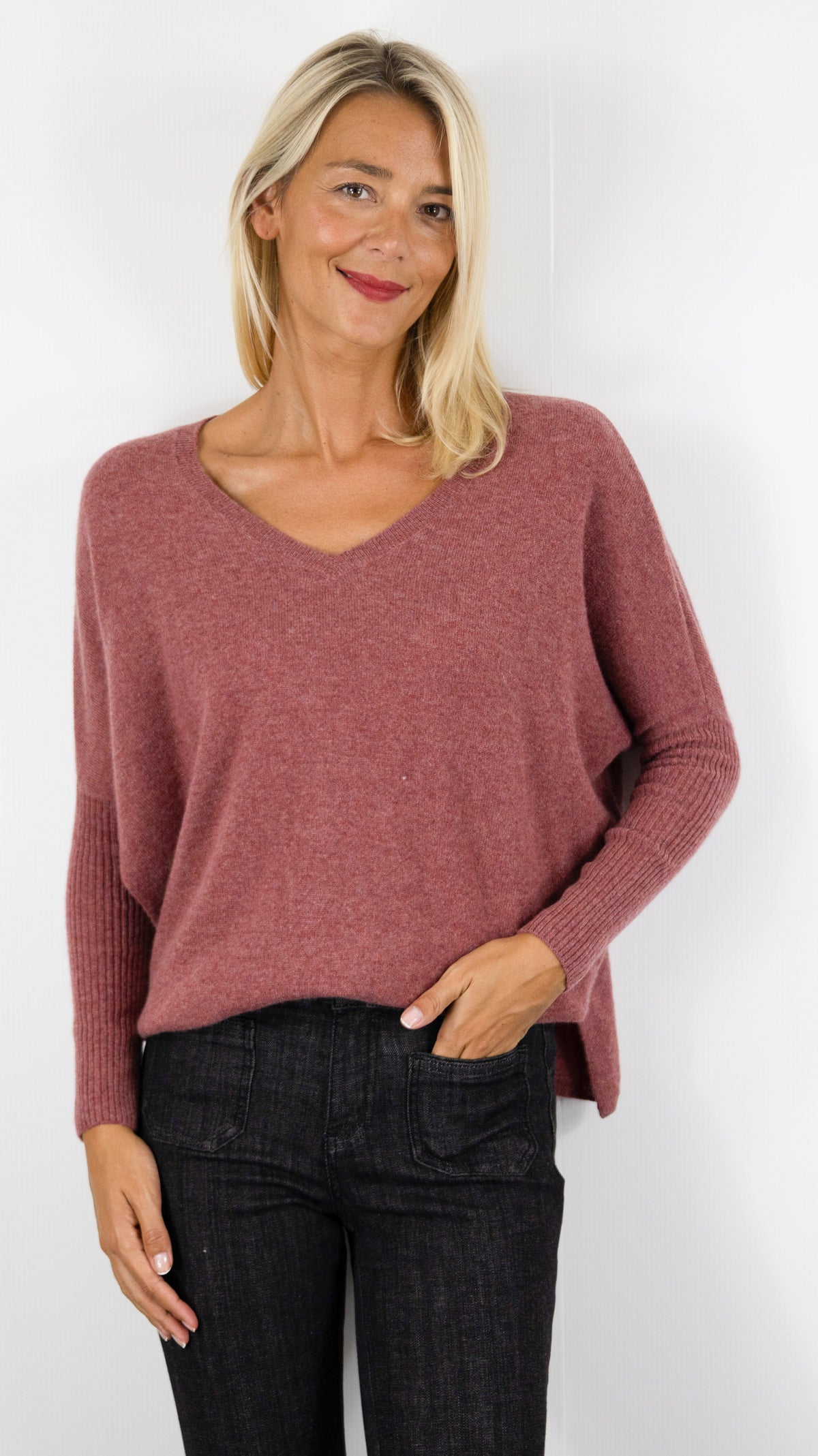 PULL OVERSIZE COL V POUR FEMME EN CACHEMIRE NOT SHY FAUSTINE#COLOR_OLD PINK/VIEUX ROSE