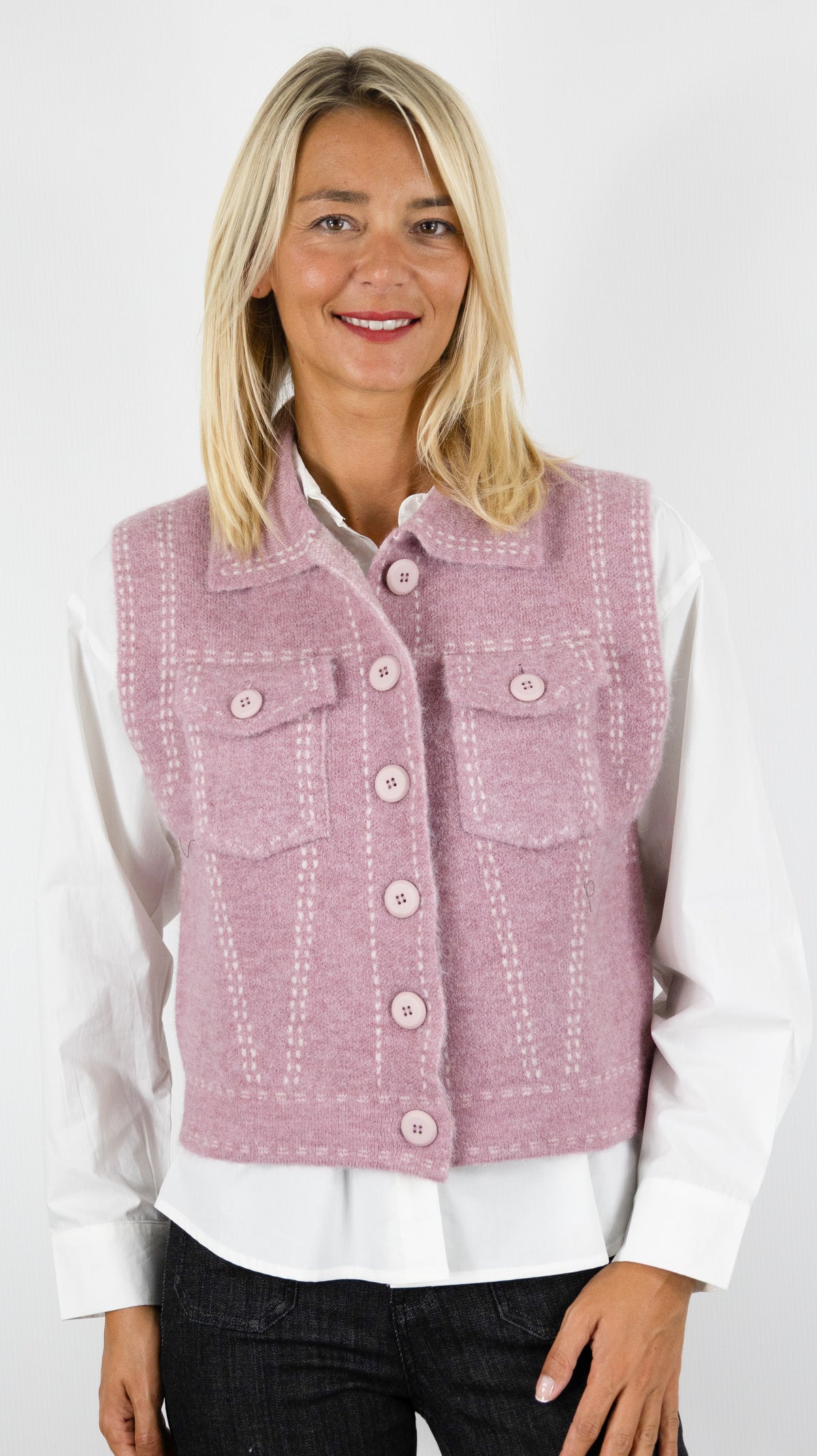 GILET SANS MANCHES COL CHEMISE AVEC 2 POCHES POITRINE AN'GE LEWAYNE#COLOR_VIEUX ROSE