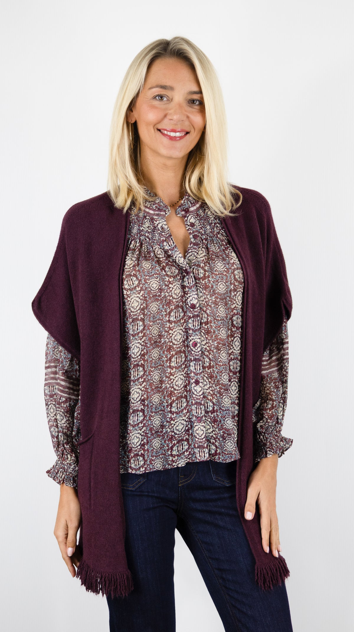 GILET AMPLE MANCHES COURTES BAS FRANGÉ ALEXANDRE LAURENT C8885#COLOR_PRUGNAC/PRUNE
