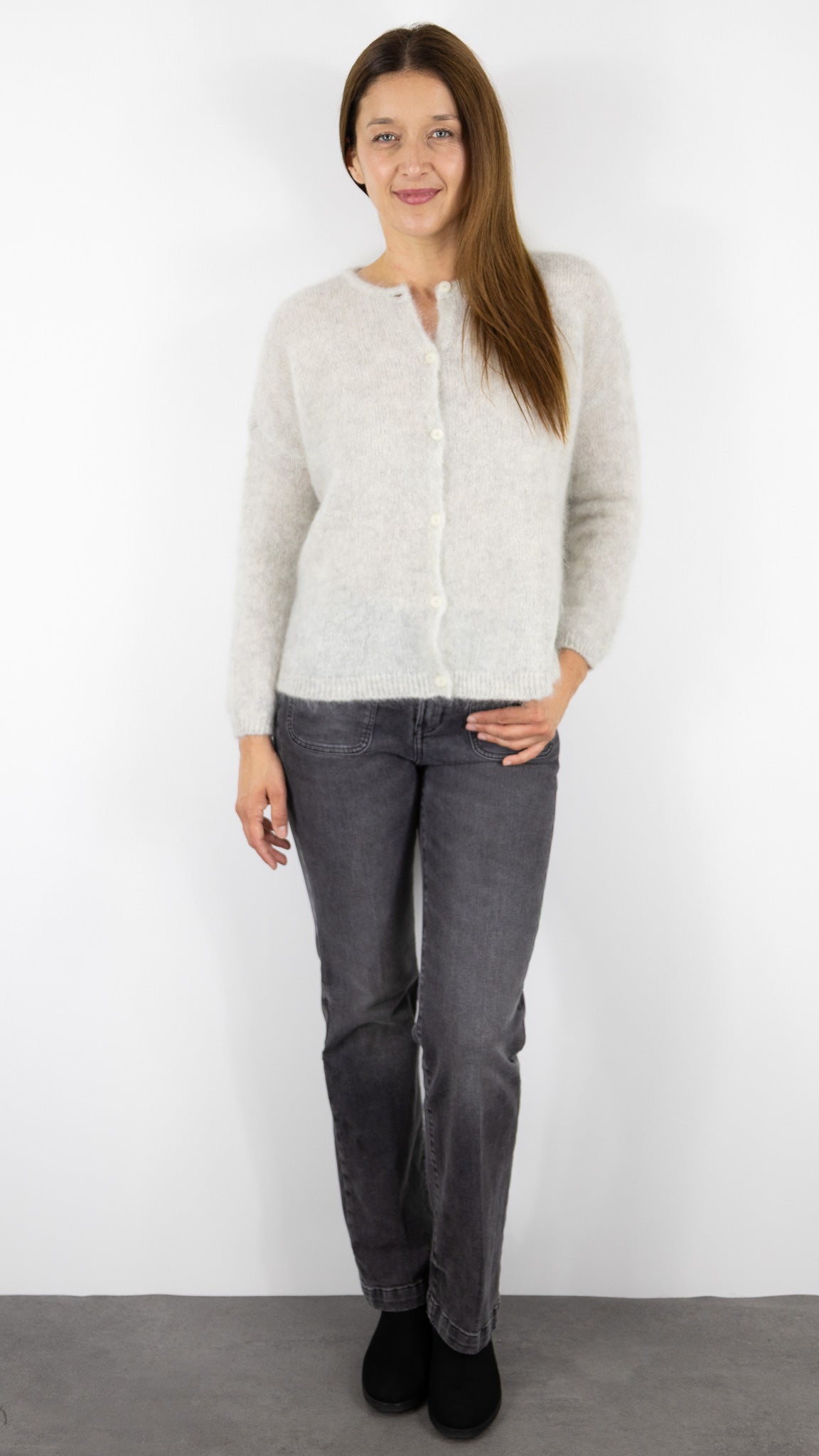 CARDIGAN EN KID MOHAIR FEMME DES PETITS HAUTS BEA#COLOR_GRIS CHINE CLAIR