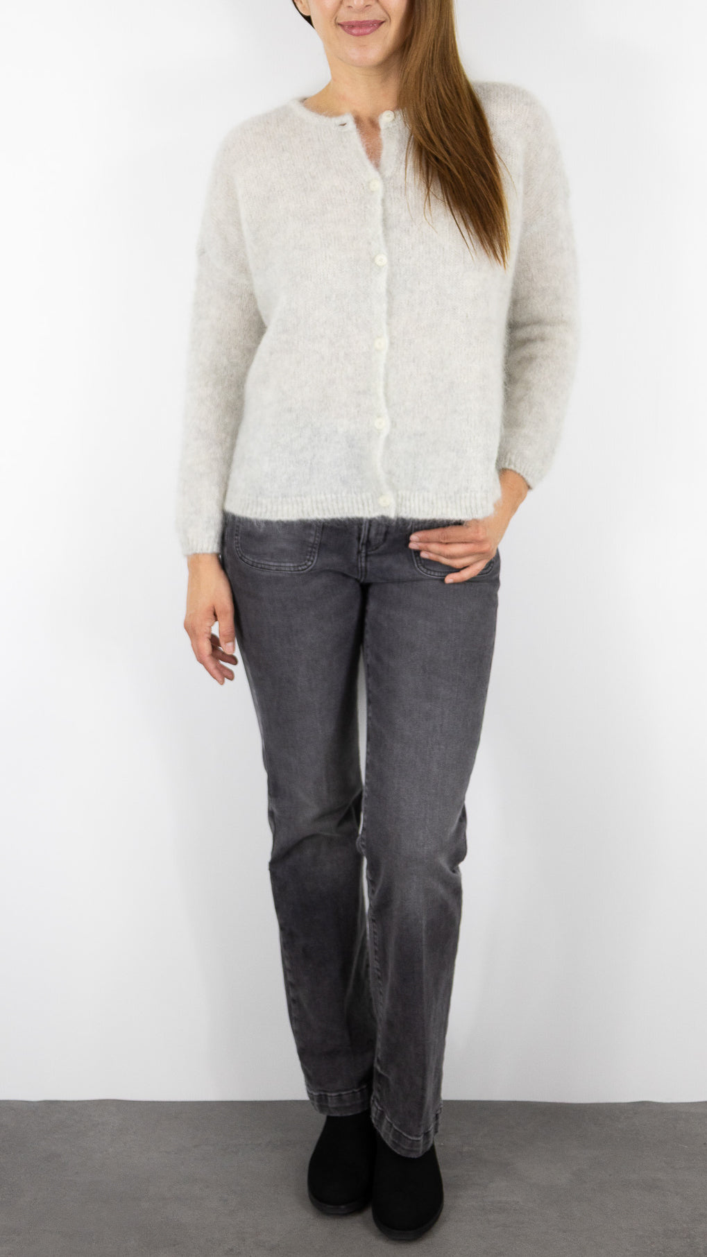 CARDIGAN EN KID MOHAIR FEMME DES PETITS HAUTS BEA#COLOR_GRIS CHINE CLAIR