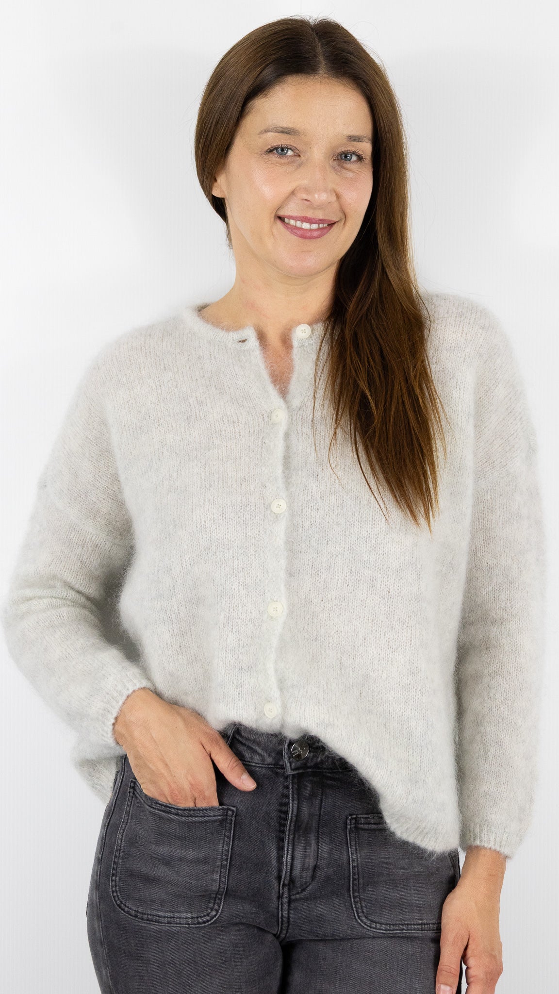 CARDIGAN EN KID MOHAIR FEMME DES PETITS HAUTS BEA#COLOR_GRIS CHINE CLAIR