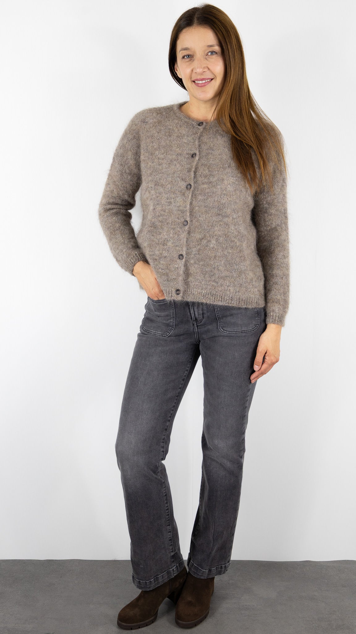 CARDIGAN EN KID MOHAIR FEMME DES PETITS HAUTS BEA#COLOR_LOUP/TAUPE