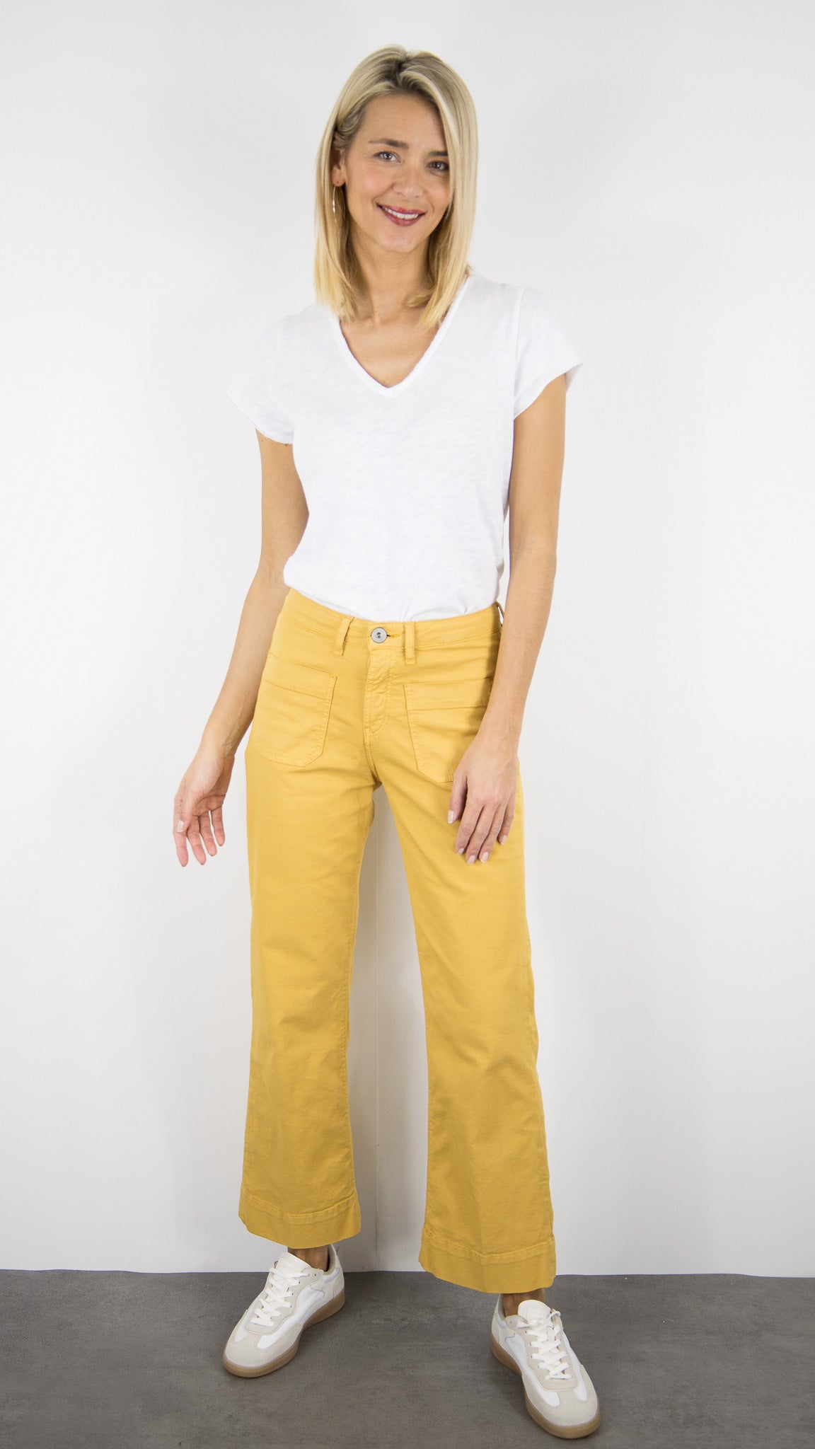 PANTALON 7/8 JAMBES LARGES POUR FEMME DENIM STUDIO BELLA LIGHT GABARDINE#COLOR_COLZA/SAFRAN
