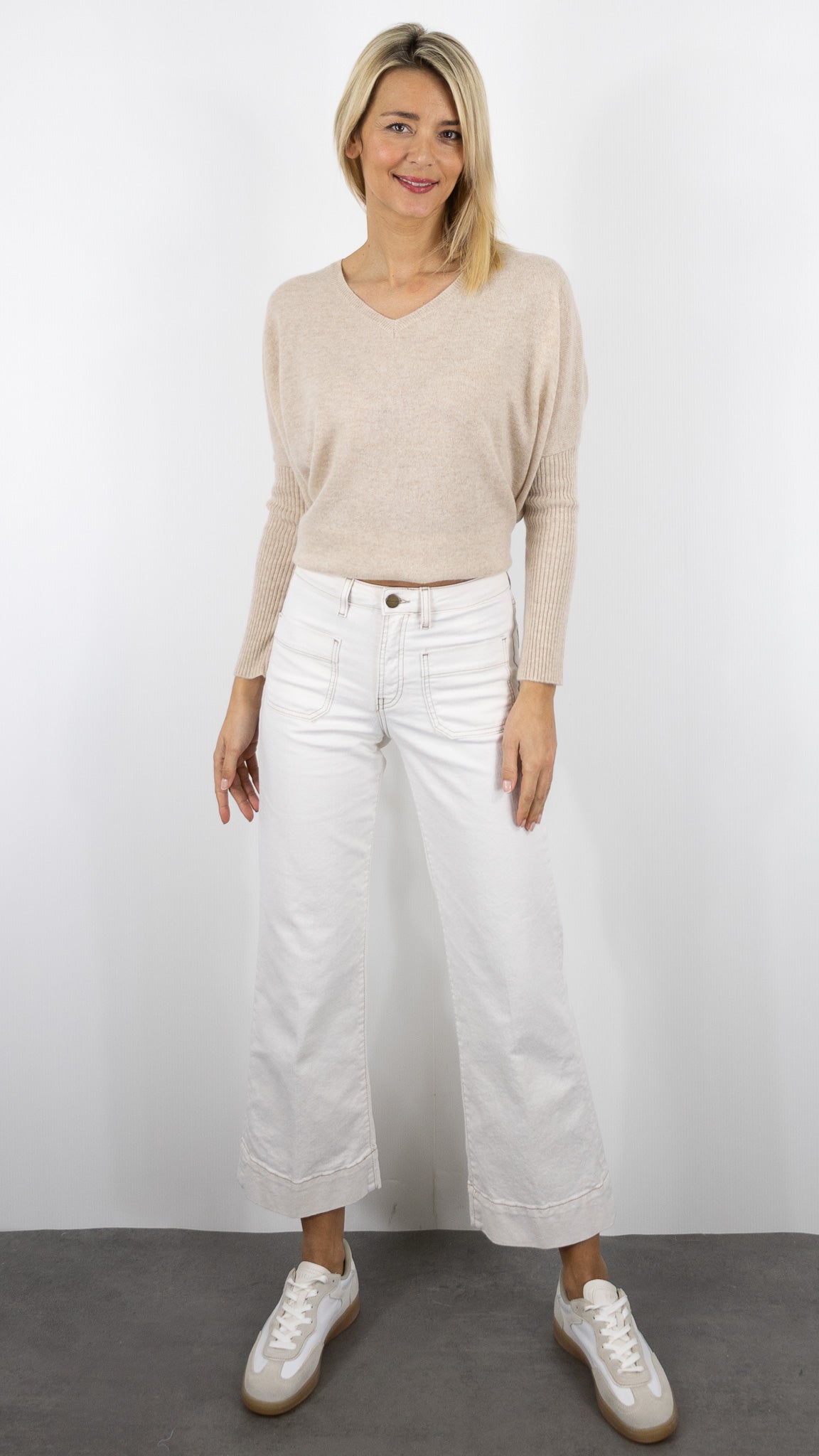 JEANS FLARE 7/8 ECRU COUTURES CAMEL FEMME DENIM STUDIO BELLA OFF WHITE DENIM
