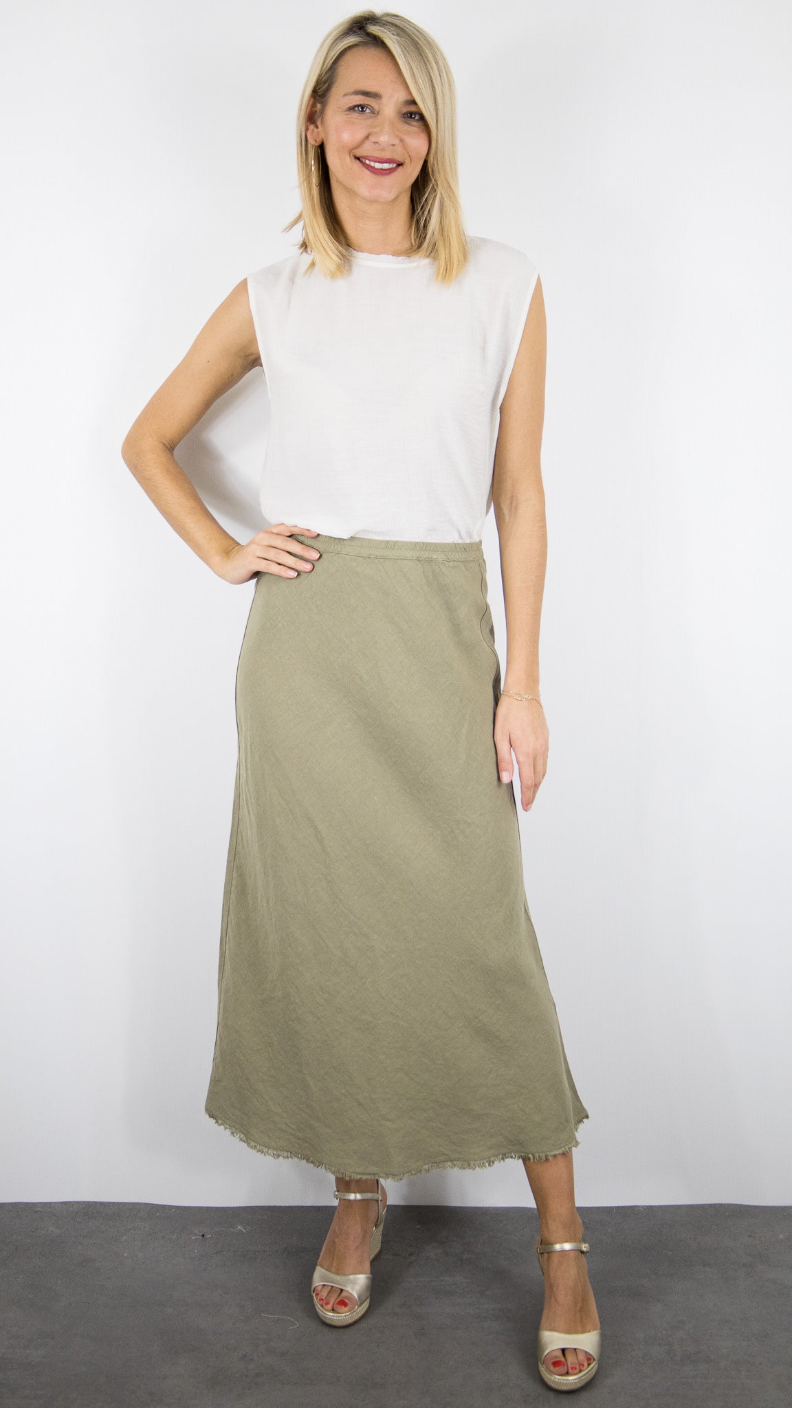 JUPE EN BIAIS EN LIN BAS FRANGE HARTFORD JULIE#COLOR_34/SAFARI KAKI CLAIR