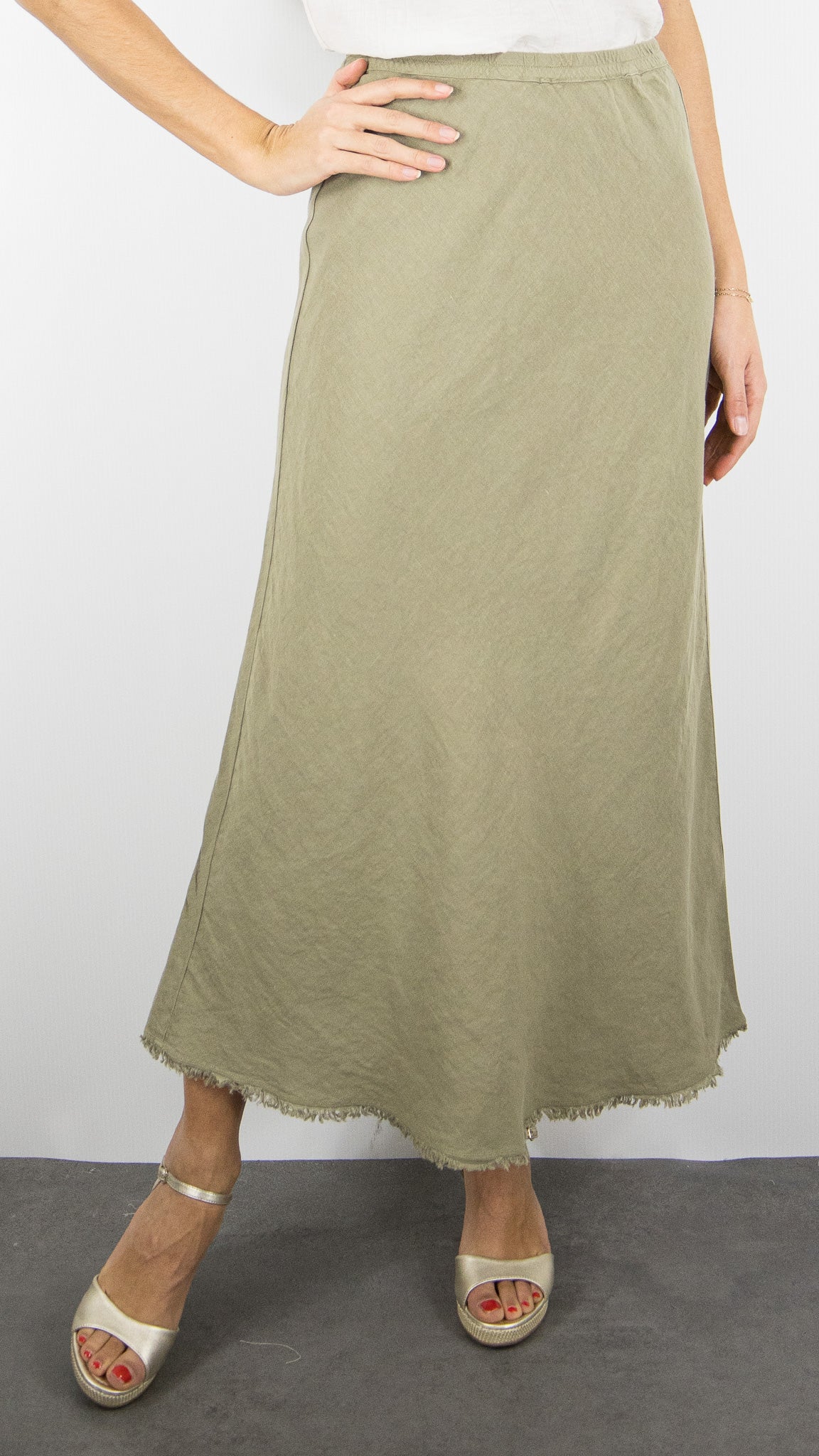 JUPE EN BIAIS EN LIN BAS FRANGE HARTFORD JULIE#COLOR_34/SAFARI KAKI CLAIR