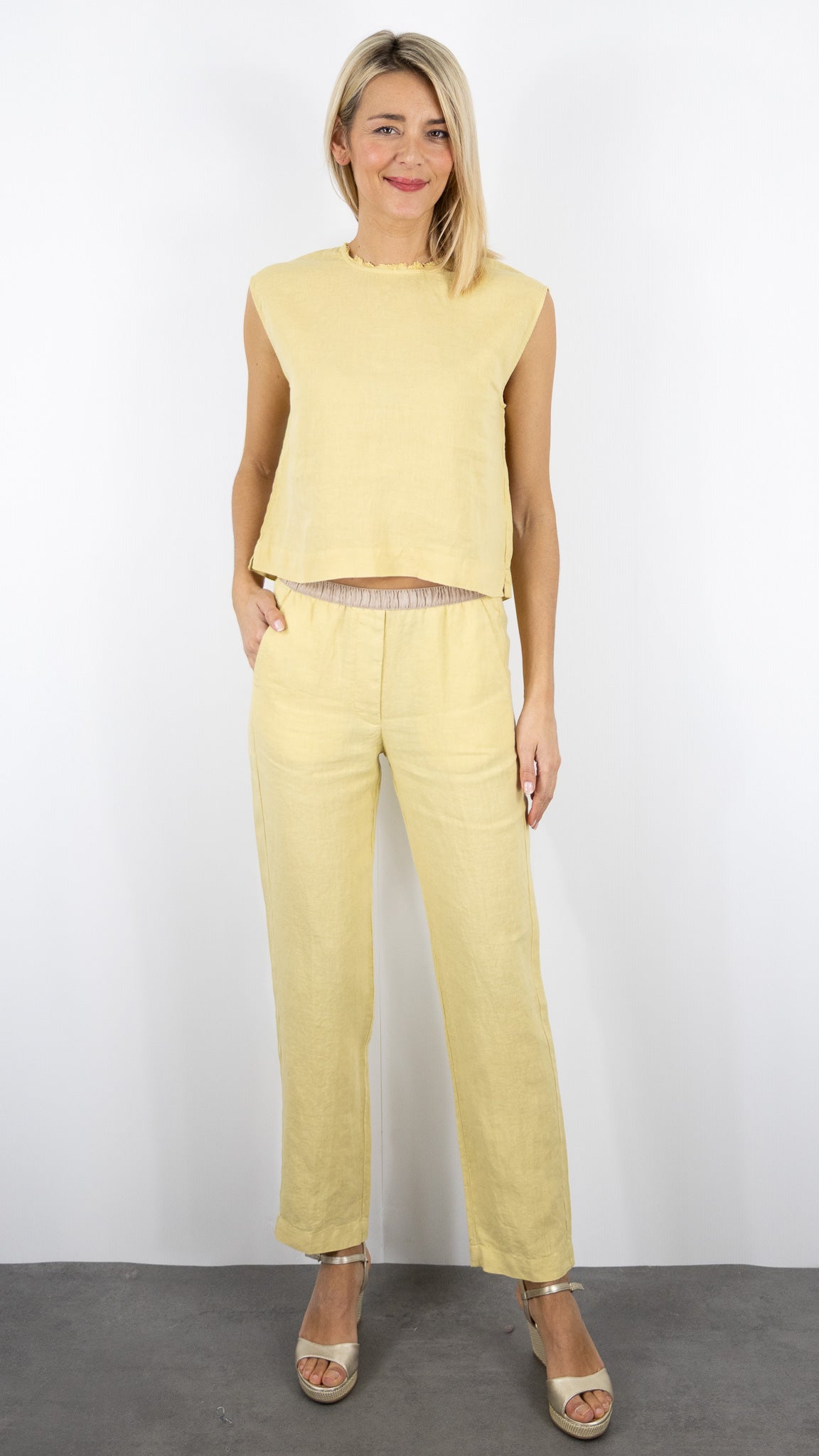PANTALON TAILLE ELASTIQUE EN LIN POUR FEMME HARTFORD PIROL#COLOR_23/CORN JAUNE