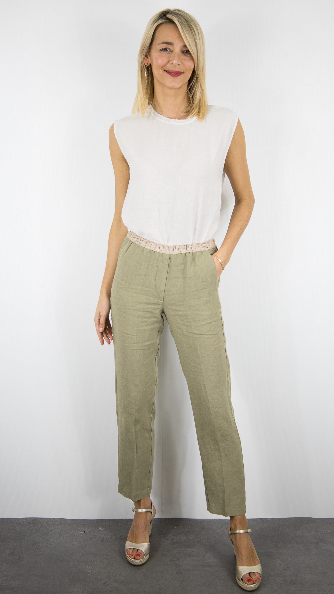 PANTALON TAILLE ELASTIQUE EN LIN POUR FEMME HARTFORD PIROL#COLOR_34/SAFARI KAKI CLAIR
