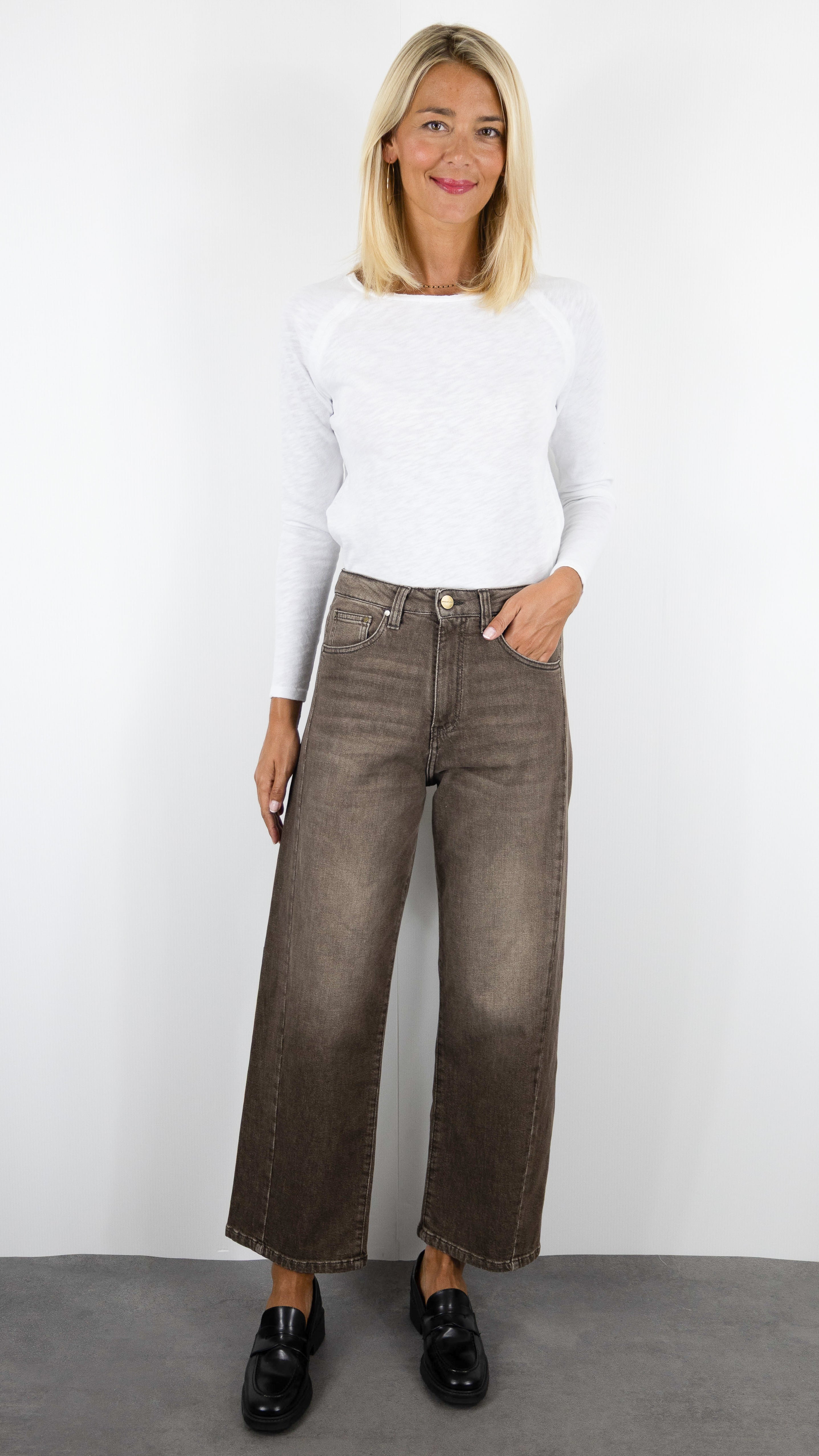 JEANS BARREL EFFET DELAVE POUR FEMME DENIM STUDIO CALAMITY LANZAROTE#COLOR_SANDSTORM DENIM MARRON