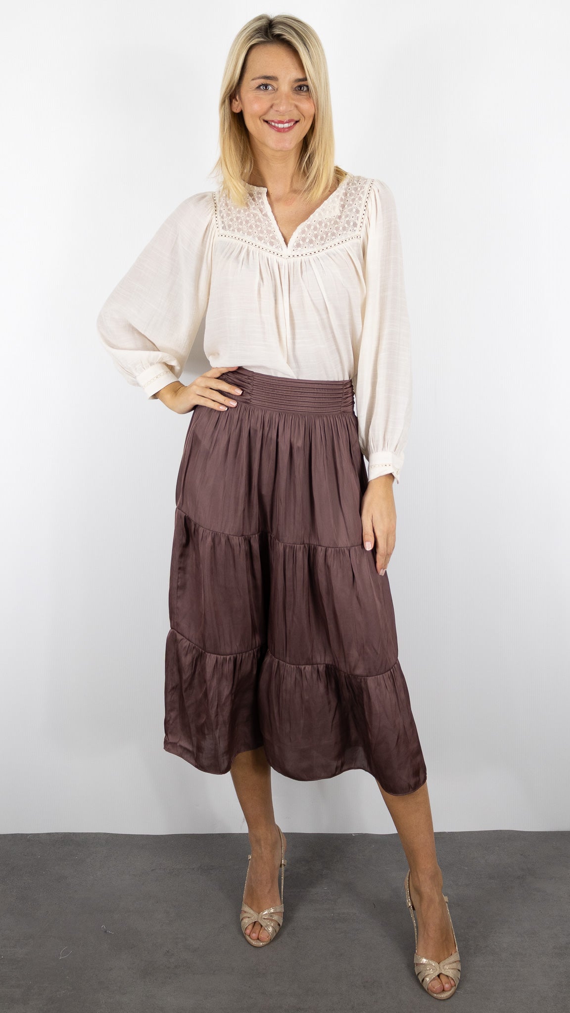 JUPE FLUIDE A VOLANTS BA&SH CAMYLA#COLOR_VIEUX ROSE/BOIS DE ROSE