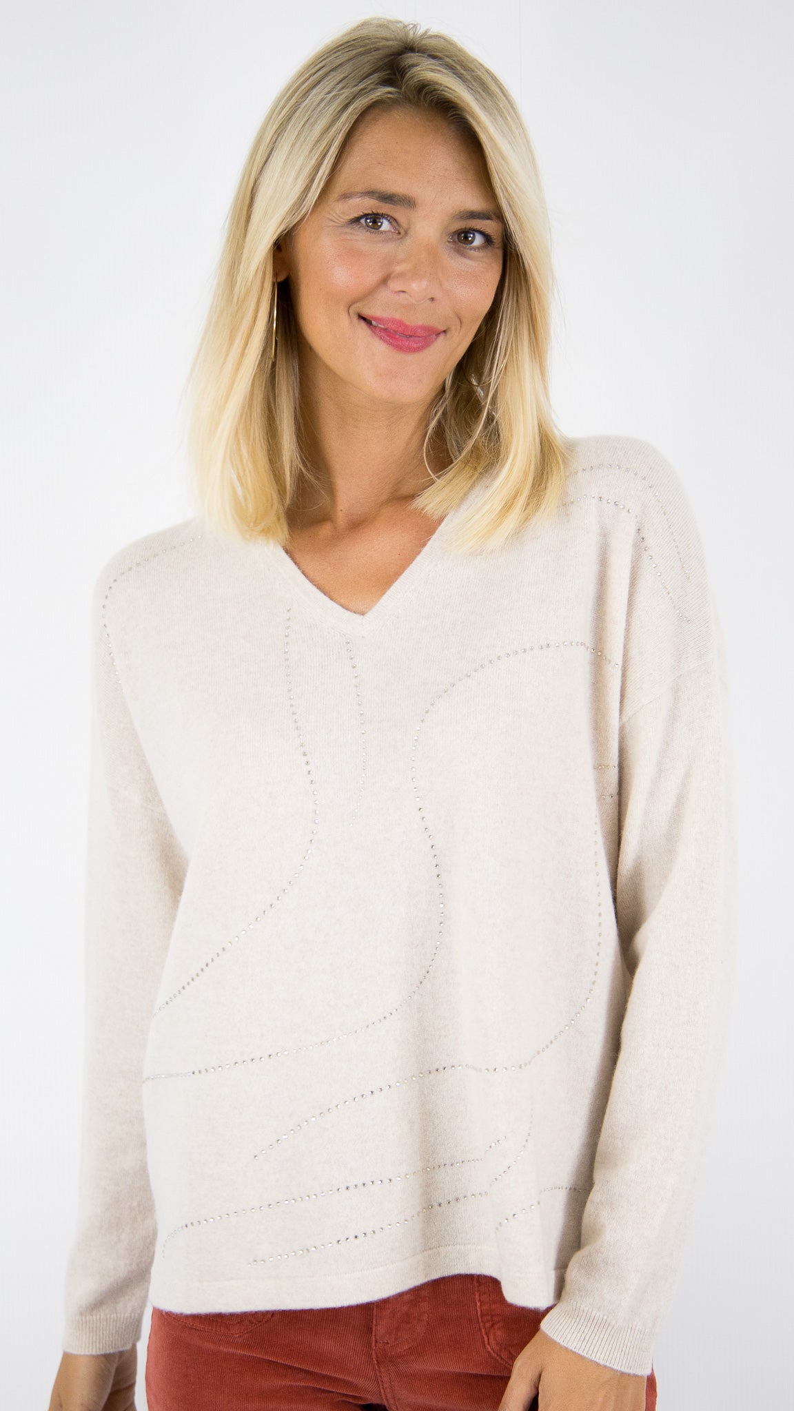 PULL COL V EN CACHEMIRE AVEC STRASS POUR FEMME ESTHEME CKH5262C#COLOR_3273/LIN