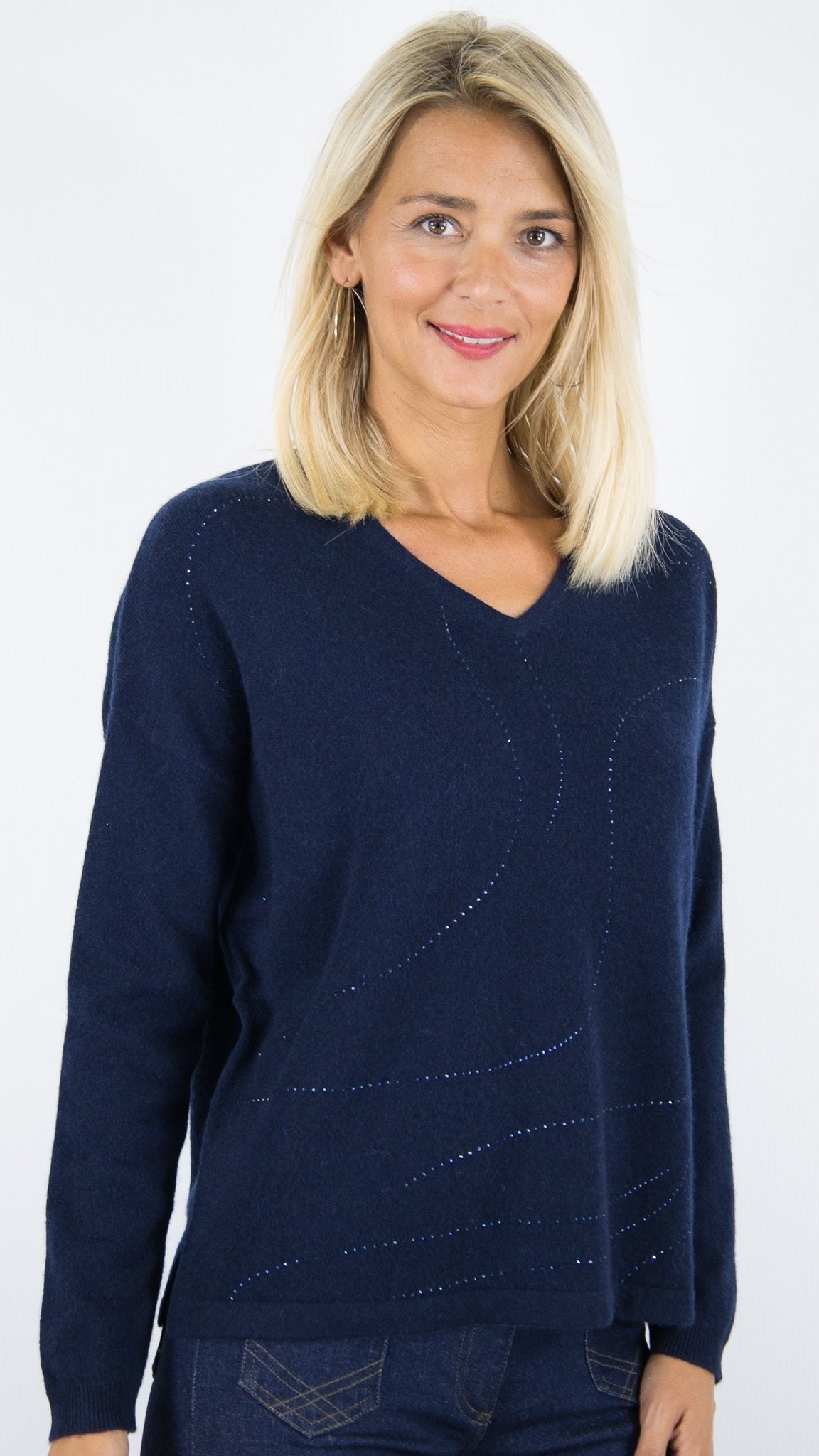 PULL COL V EN CACHEMIRE AVEC STRASS POUR FEMME ESTHEME CKH5262C#COLOR_53370/NUIT