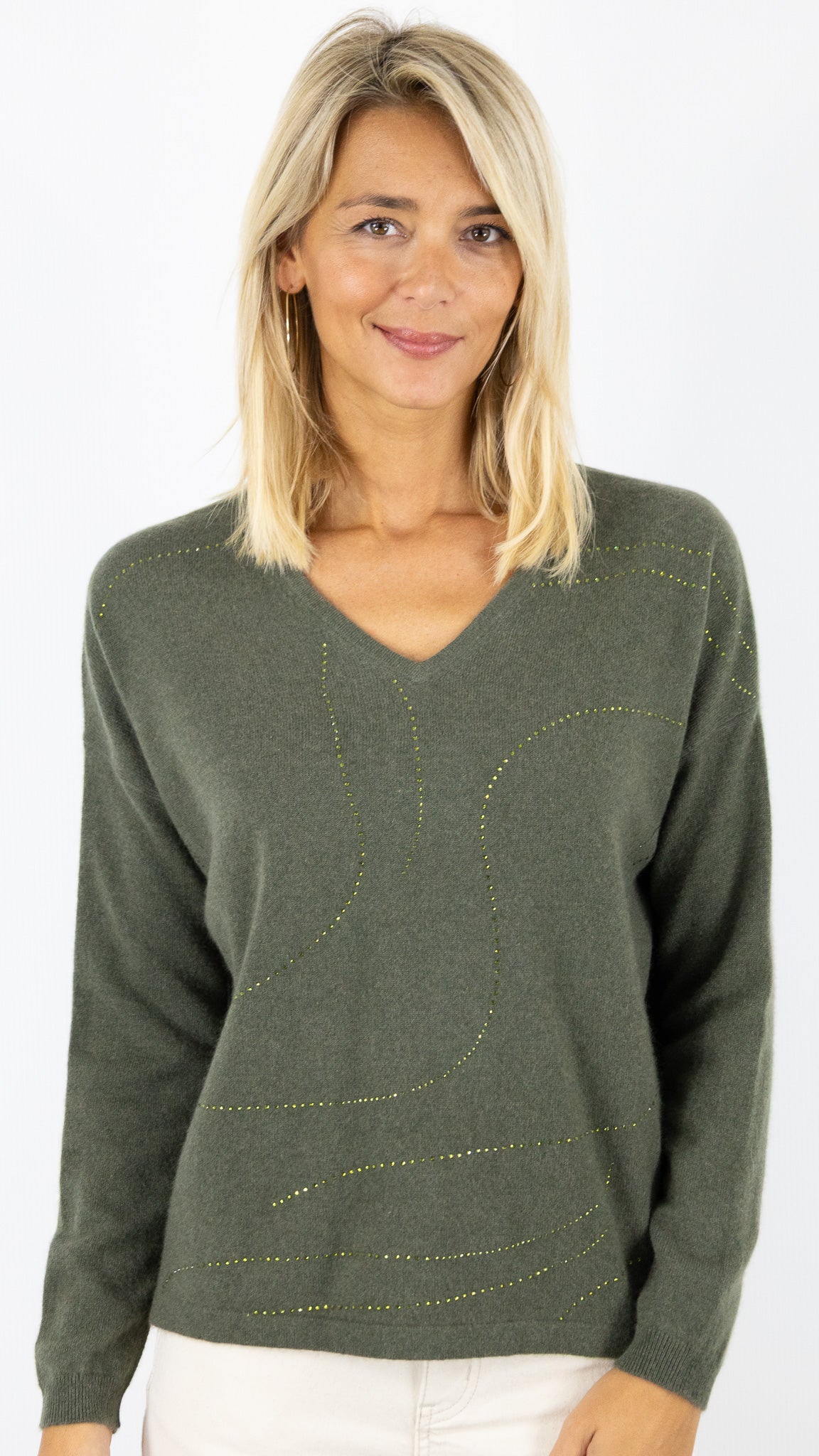 PULL COL V EN CACHEMIRE AVEC STRASS POUR FEMME ESTHEME CKH5262C#COLOR_2109/VEGETAL