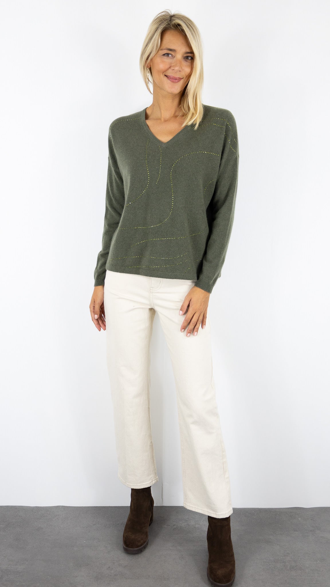PULL COL V EN CACHEMIRE AVEC STRASS POUR FEMME ESTHEME CKH5262C#COLOR_2109/VEGETAL