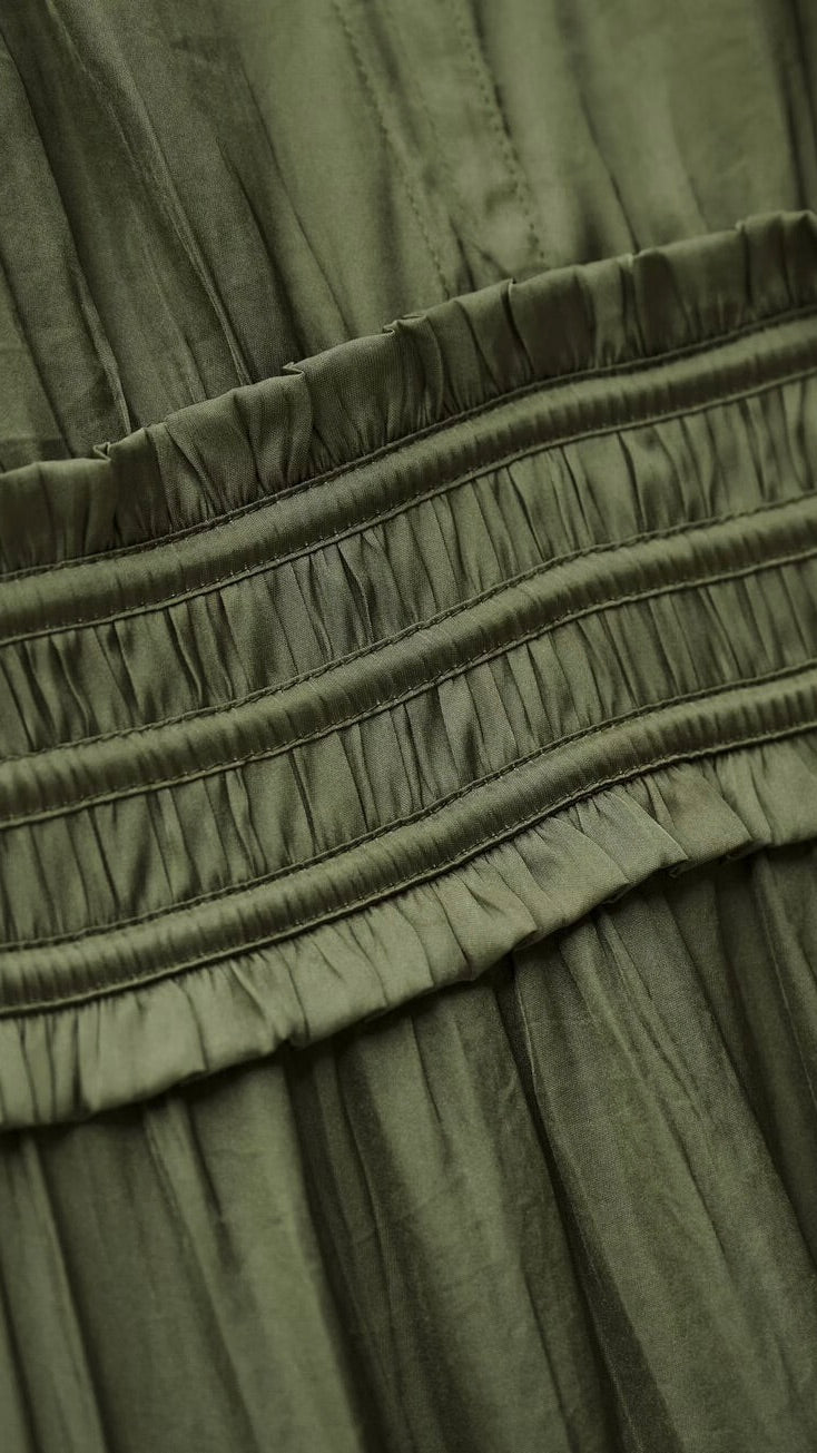 ROBE MIDI FRONCEE EN POLYSOIE KAKI BA&SH CLELI