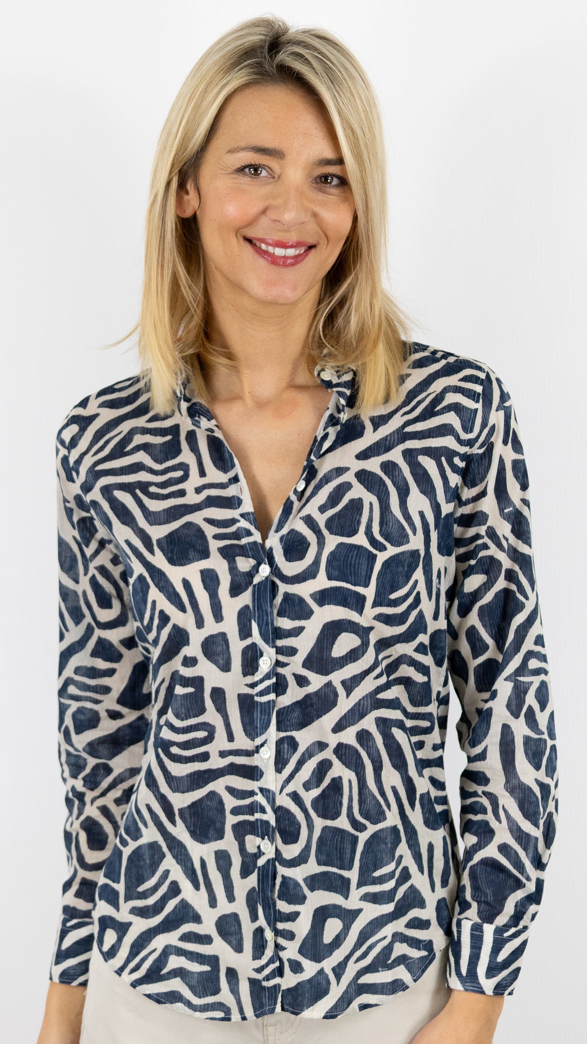 CHEMISE IMPRIME MARINE BEIGE 100% COTON POUR FEMME HARTFORD CORAZON BFCH628