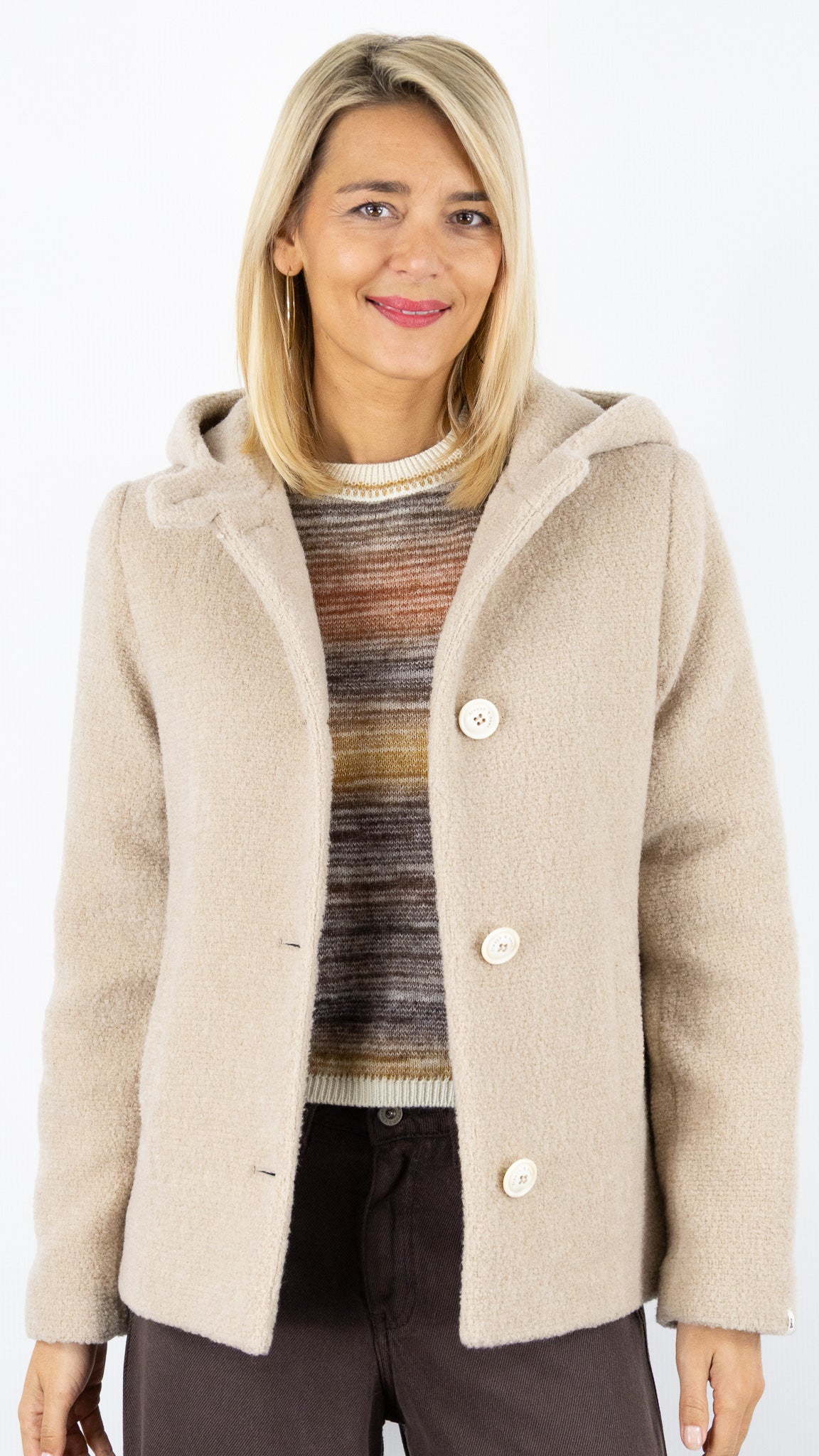 MANTEAU COURT A CAPUCHE EN LAINE POUR FEMME TRENCH AND COAT CORMOZ2#COLOR_AWLE59/GREIGE