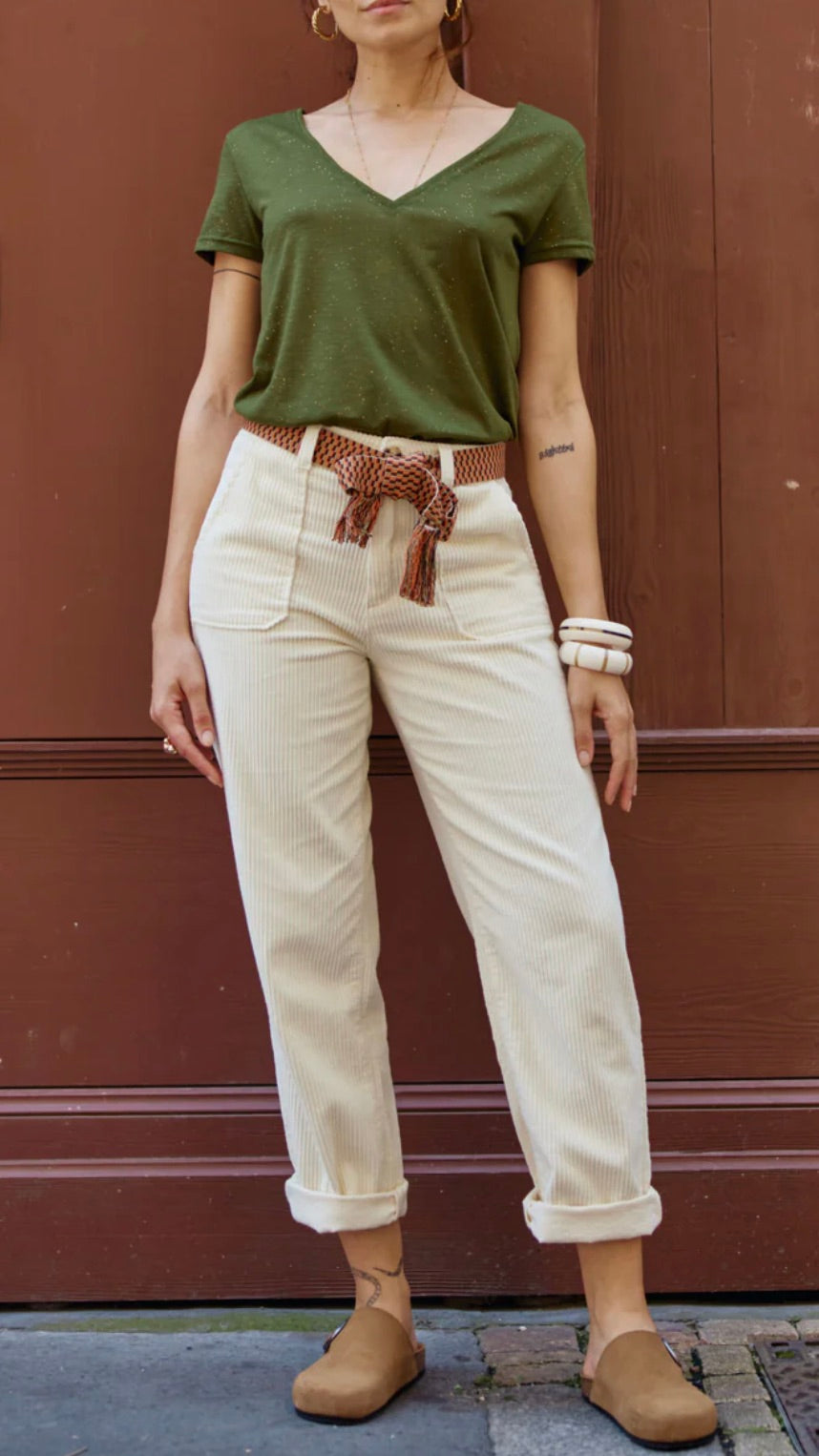 PANTALON DROIT EN VELOURS COTELE MARISOL LA PETITE ETOILE ECRU