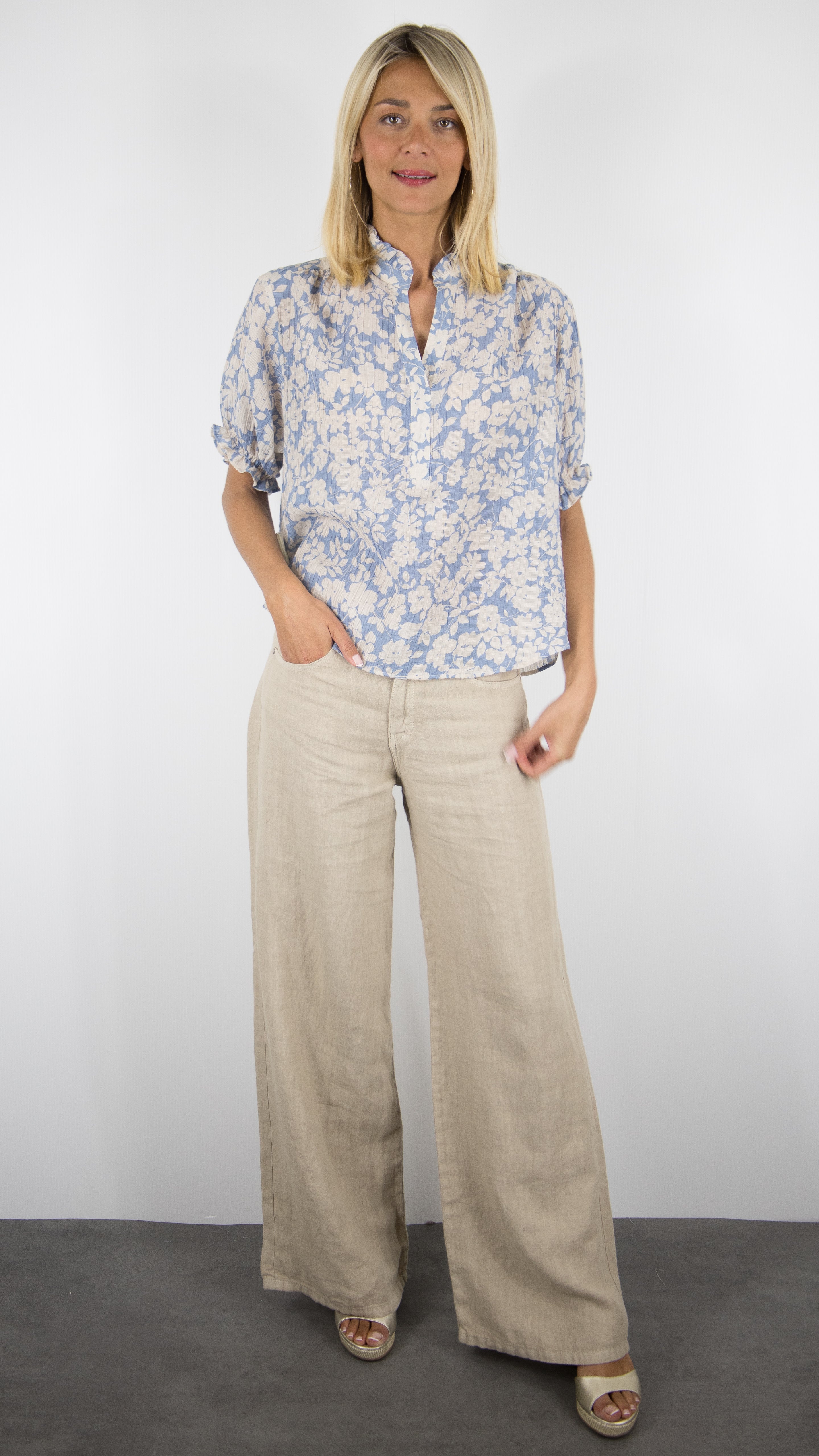 BLOUSE VOLANTEE MANCHES COURTES IMPRIME FLEURI BEIGE CIEL GERARD DAREL CEPHISE