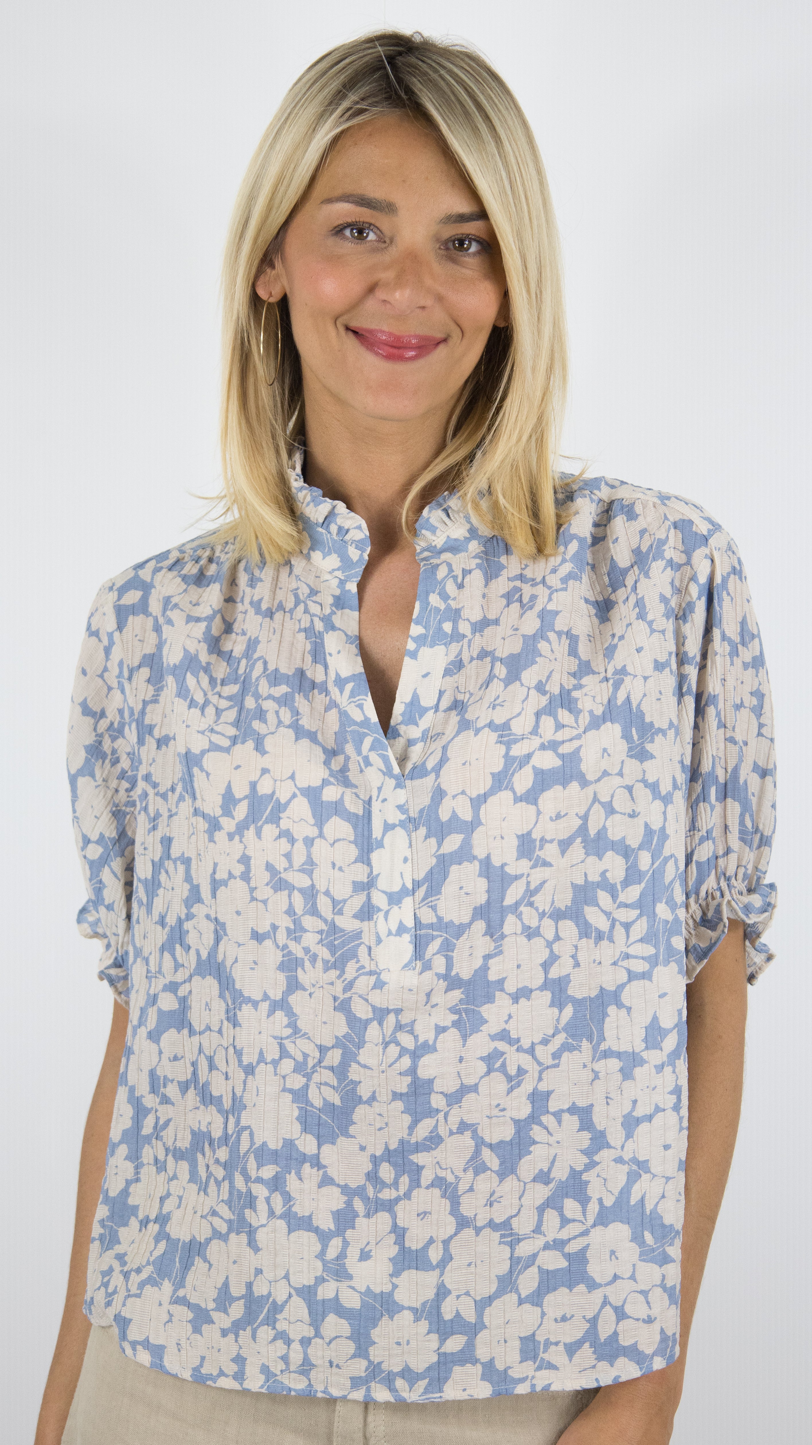 BLOUSE VOLANTEE MANCHES COURTES IMPRIME FLEURI BEIGE CIEL GERARD DAREL CEPHISE