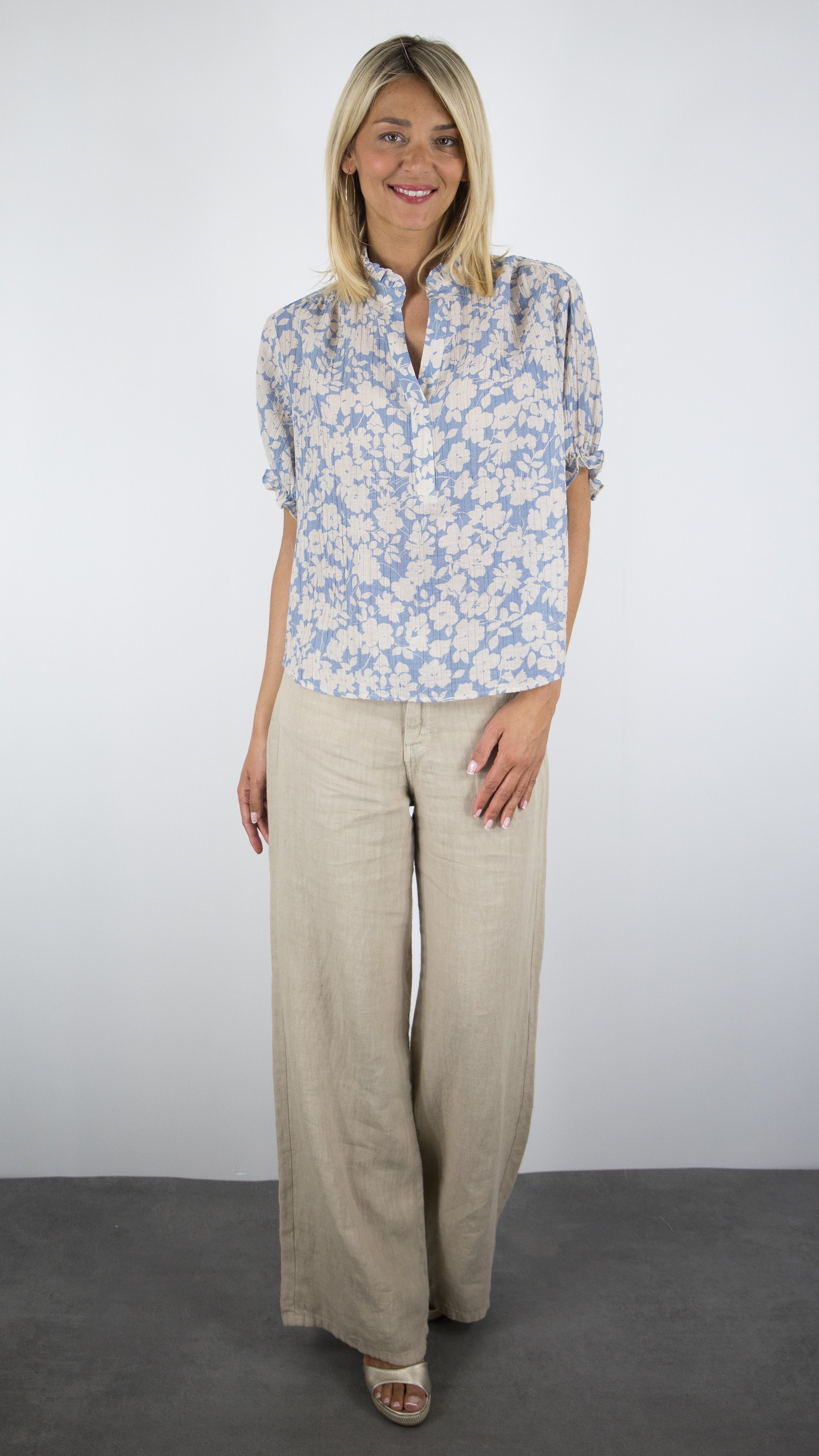 BLOUSE VOLANTEE MANCHES COURTES IMPRIME FLEURI BEIGE CIEL GERARD DAREL CEPHISE