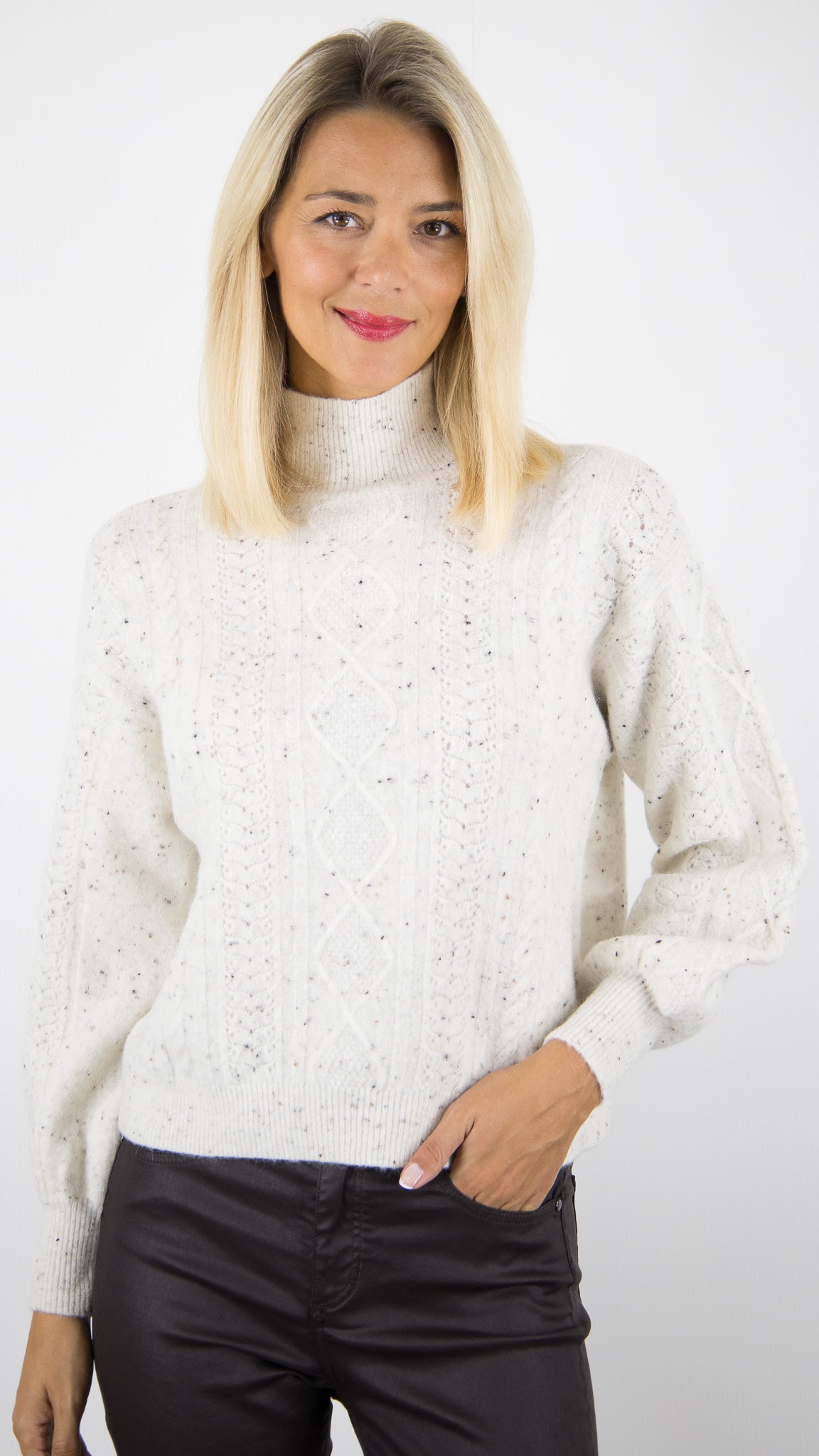 PULL COL CHEMINEE TORSADE MOUCHETE POUR FEMME DES PETITS HAUTS DINO CREME TWEED