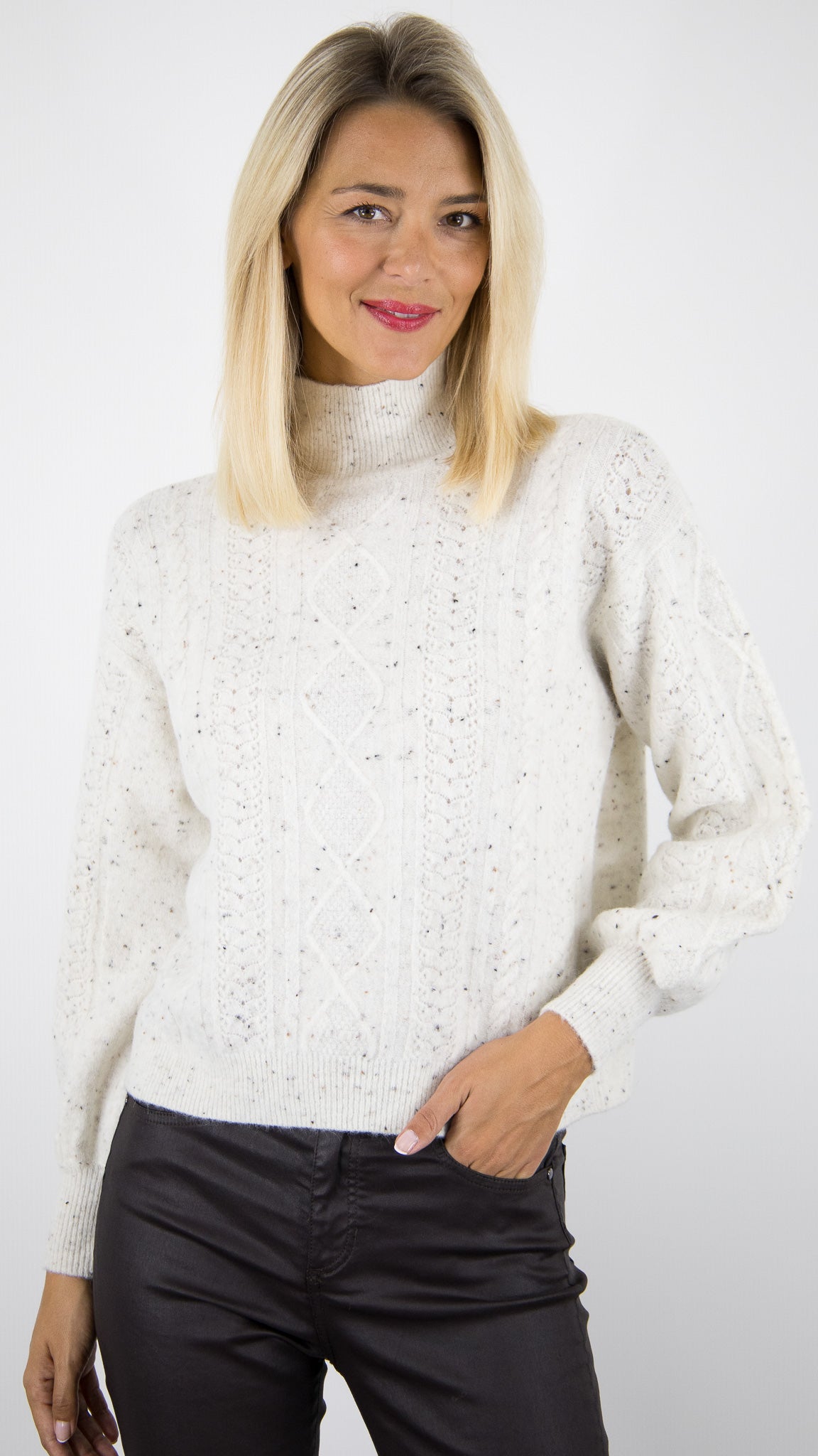 PULL COL CHEMINEE TORSADE MOUCHETE POUR FEMME DES PETITS HAUTS DINO CREME TWEED
