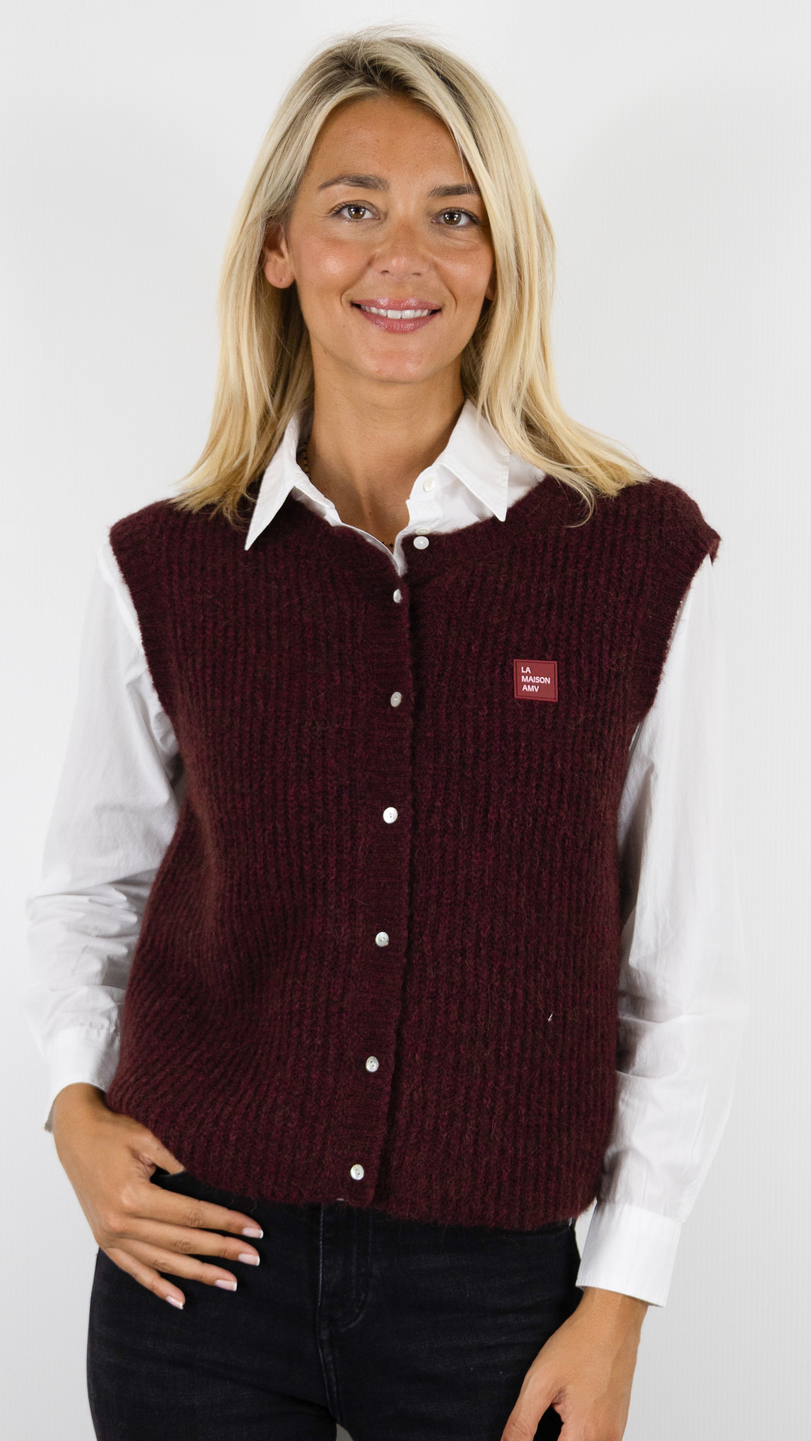 GILET COL ROND SANS MANCHES EAST19M AMERICAN VINTAGE EAST#COLOR_ACELORA CHINE/BORDEAU
