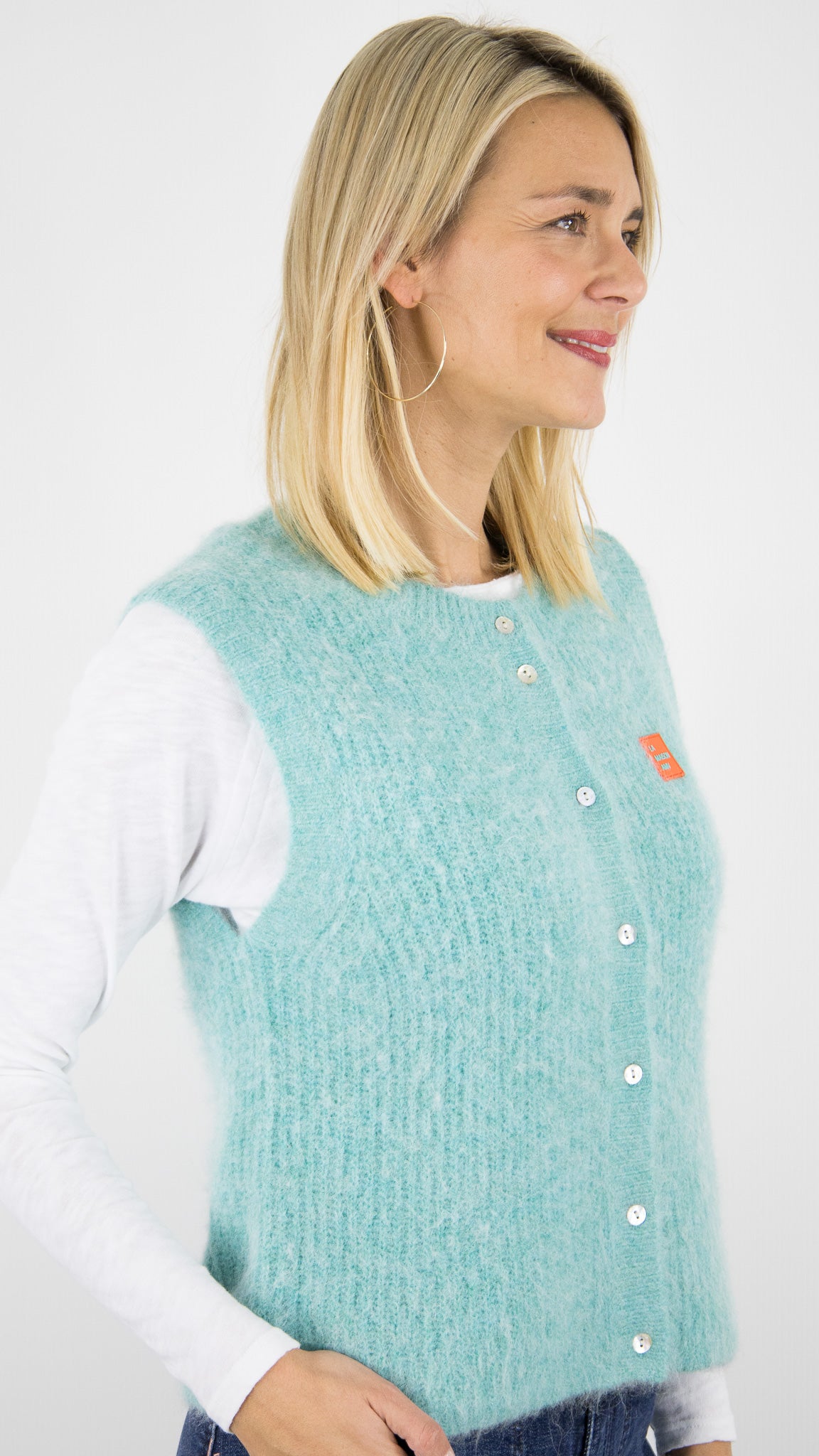 GILET SANS MANCHES ALPAGA AMERICAN VINTAGE EAST#COLOR_RECIF CHINE/TURQUOISE