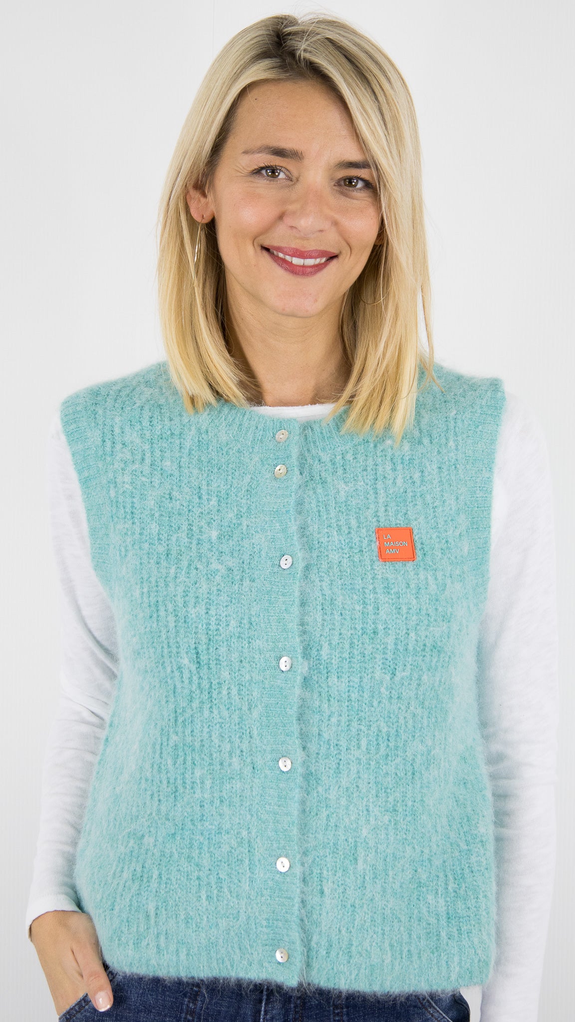 GILET SANS MANCHES ALPAGA AMERICAN VINTAGE EAST#COLOR_RECIF CHINE/TURQUOISE