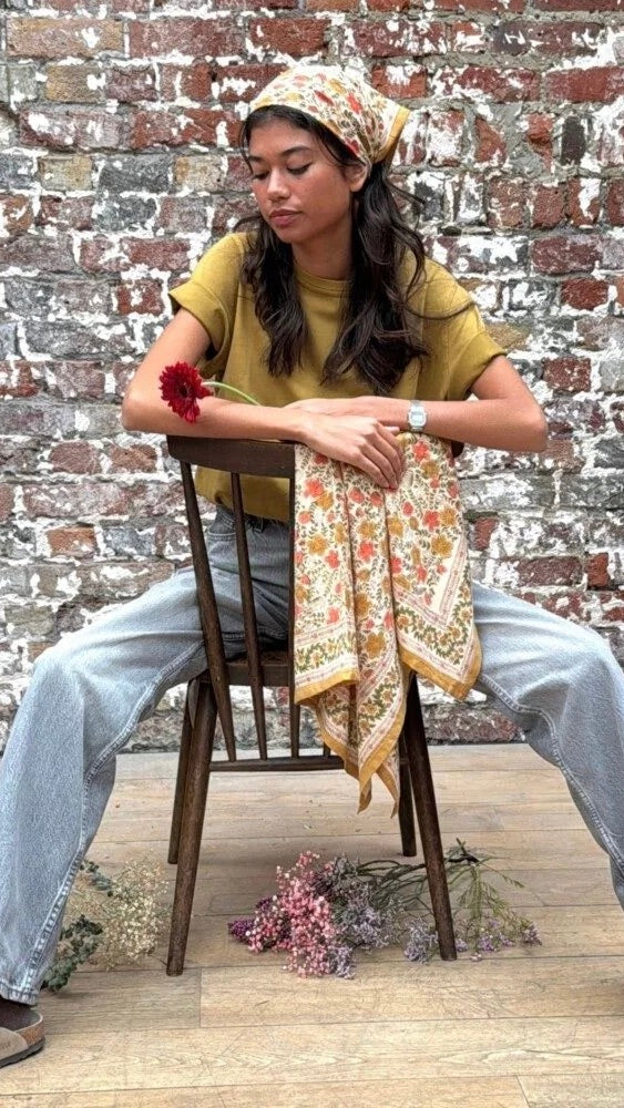 FOULARD IMPRIME FLEURI 100% COTON BELLEMME ELLIS#COLOR_OCRE