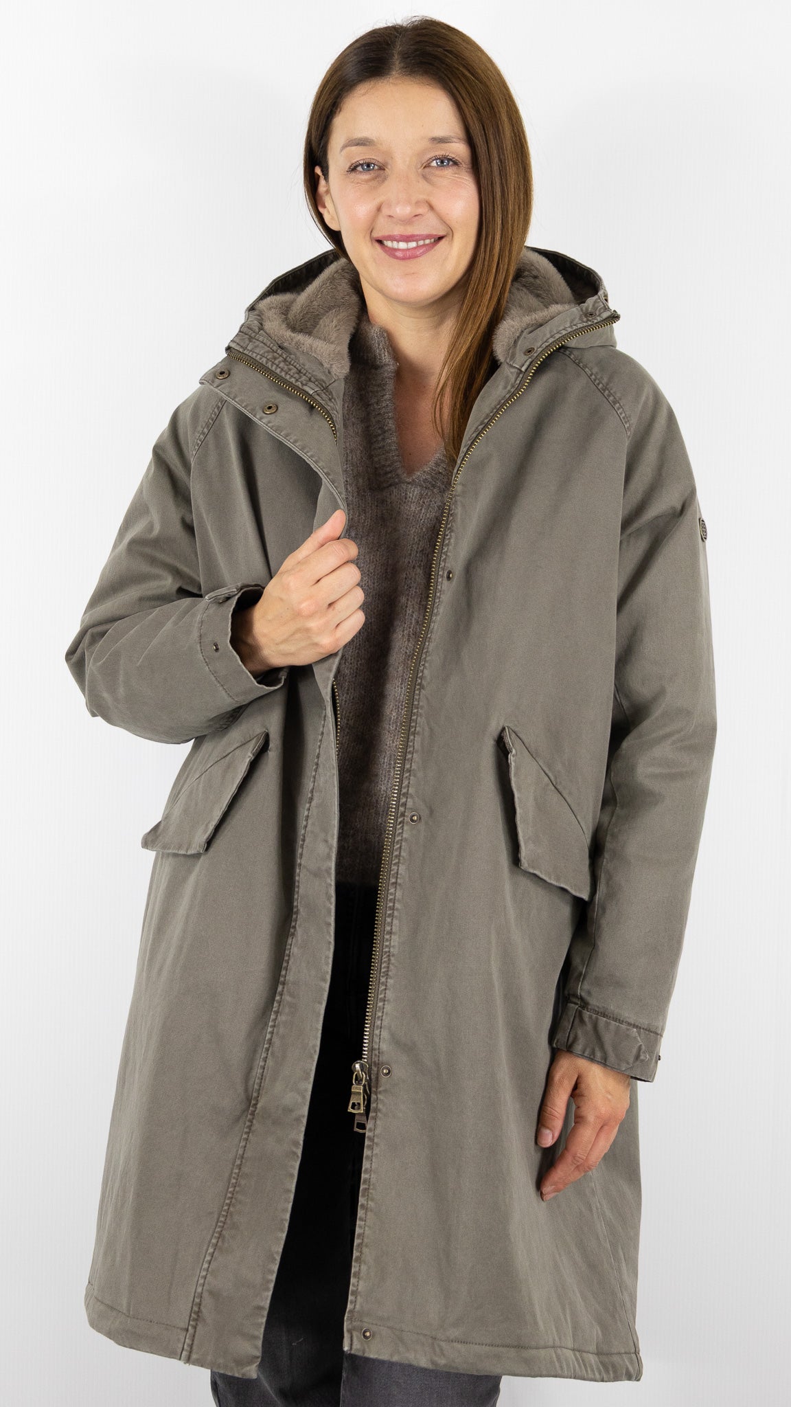 PARKA LONGUE AVEC CAPUCHE FAUSSE FOURRURE POUR FEMME BLONDE N°8 EMMA M DARK TAUPE