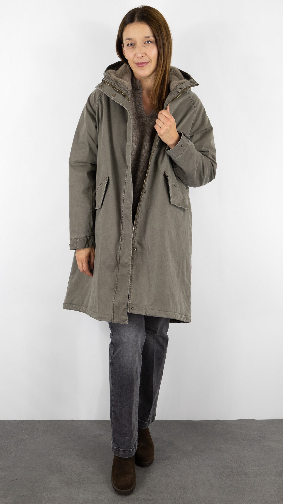 PARKA LONGUE AVEC CAPUCHE FAUSSE FOURRURE POUR FEMME BLONDE N°8 EMMA M DARK TAUPE