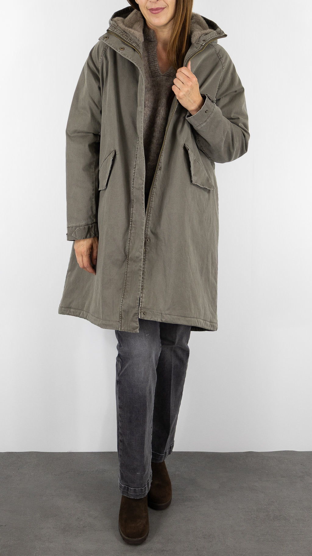 PARKA LONGUE AVEC CAPUCHE FAUSSE FOURRURE POUR FEMME BLONDE N°8 EMMA M DARK TAUPE