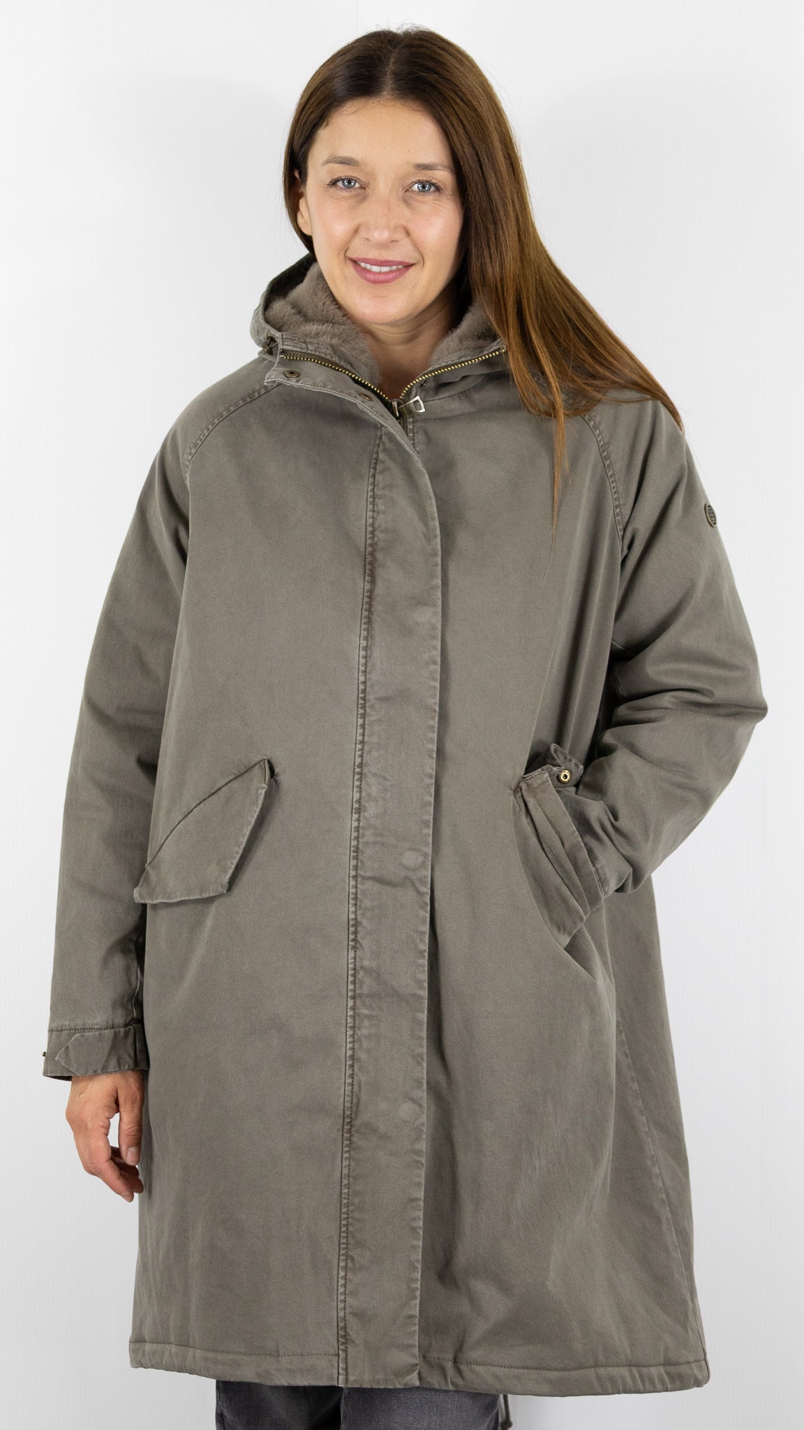 PARKA LONGUE AVEC CAPUCHE FAUSSE FOURRURE POUR FEMME BLONDE N°8 EMMA M DARK TAUPE