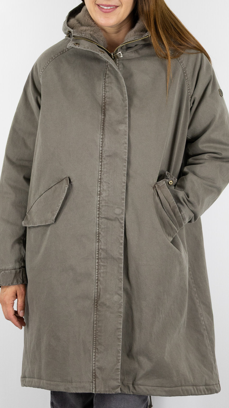 PARKA LONGUE AVEC CAPUCHE FAUSSE FOURRURE POUR FEMME BLONDE N°8 EMMA M DARK TAUPE