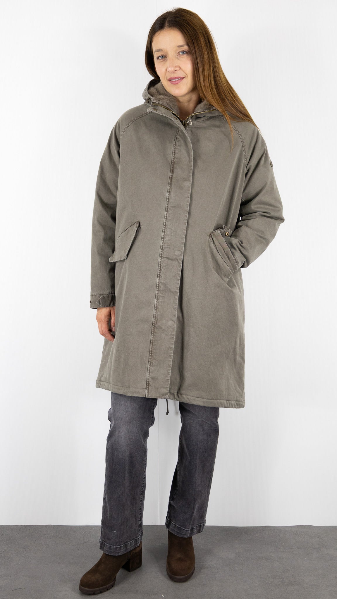 PARKA LONGUE AVEC CAPUCHE FAUSSE FOURRURE POUR FEMME BLONDE N°8 EMMA M DARK TAUPE