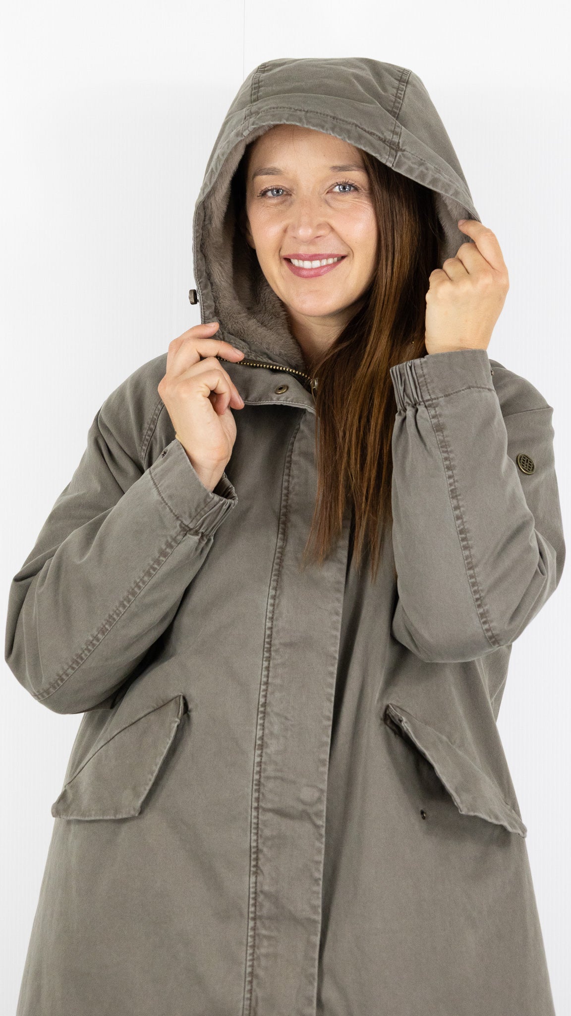 PARKA LONGUE AVEC CAPUCHE FAUSSE FOURRURE POUR FEMME BLONDE N°8 EMMA M DARK TAUPE