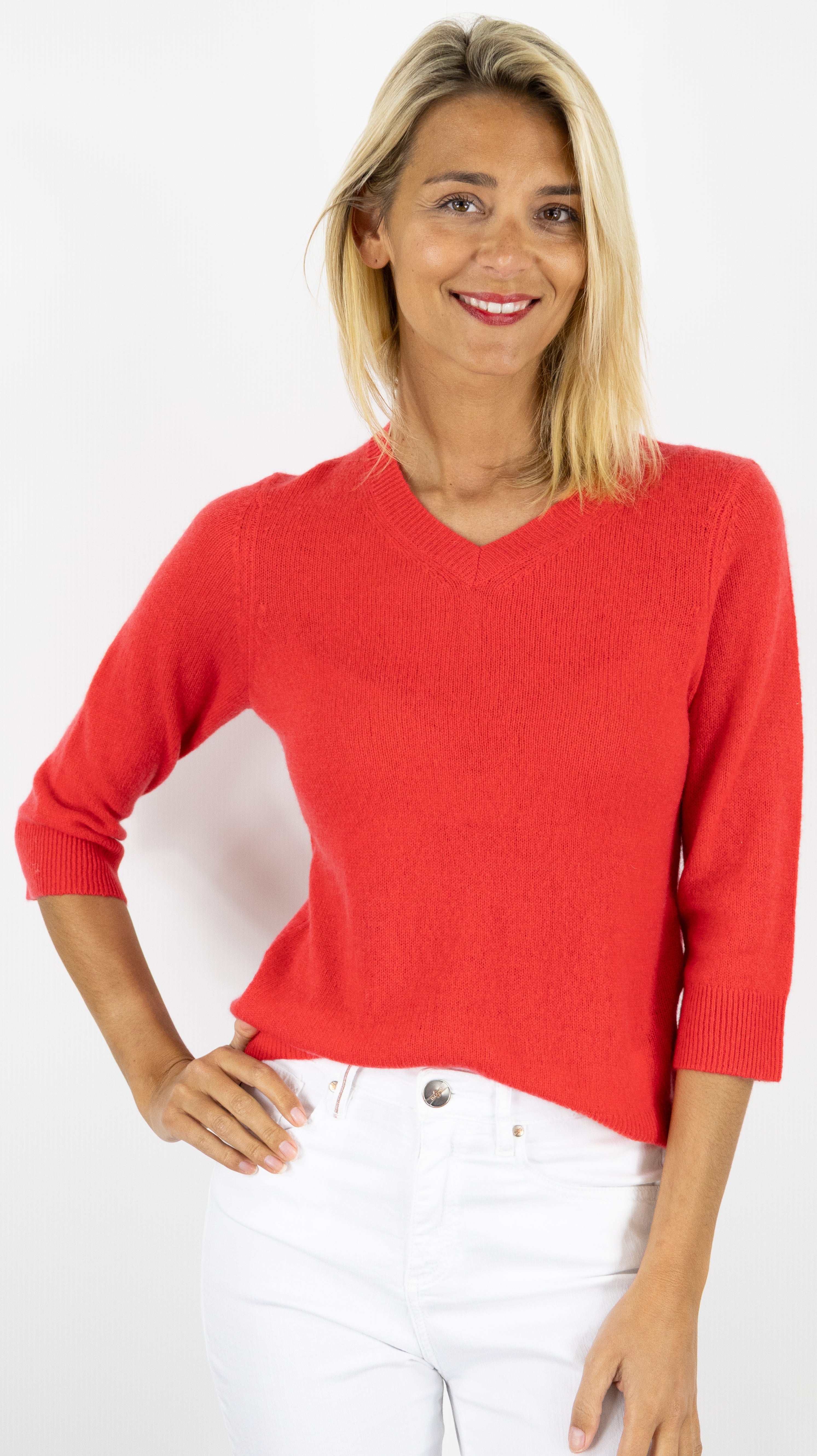 PULL COL V EN CACHEMIRE PASTEQUE ROUGE ESTHEME F2550EC#COLOR_25249/PASTEQUE