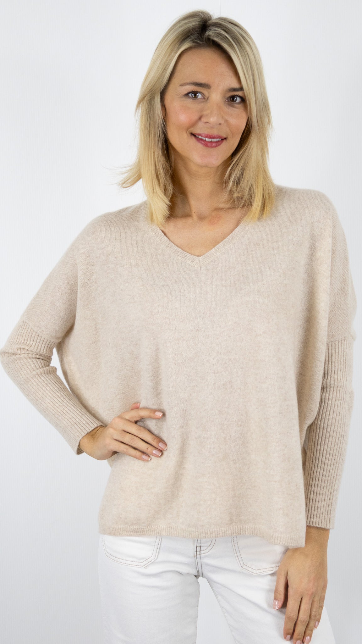 PULL AMPLE COL V EN CACHEMIRE NOT SHY FAUSTINE#COLOR_BEIGE CHINE